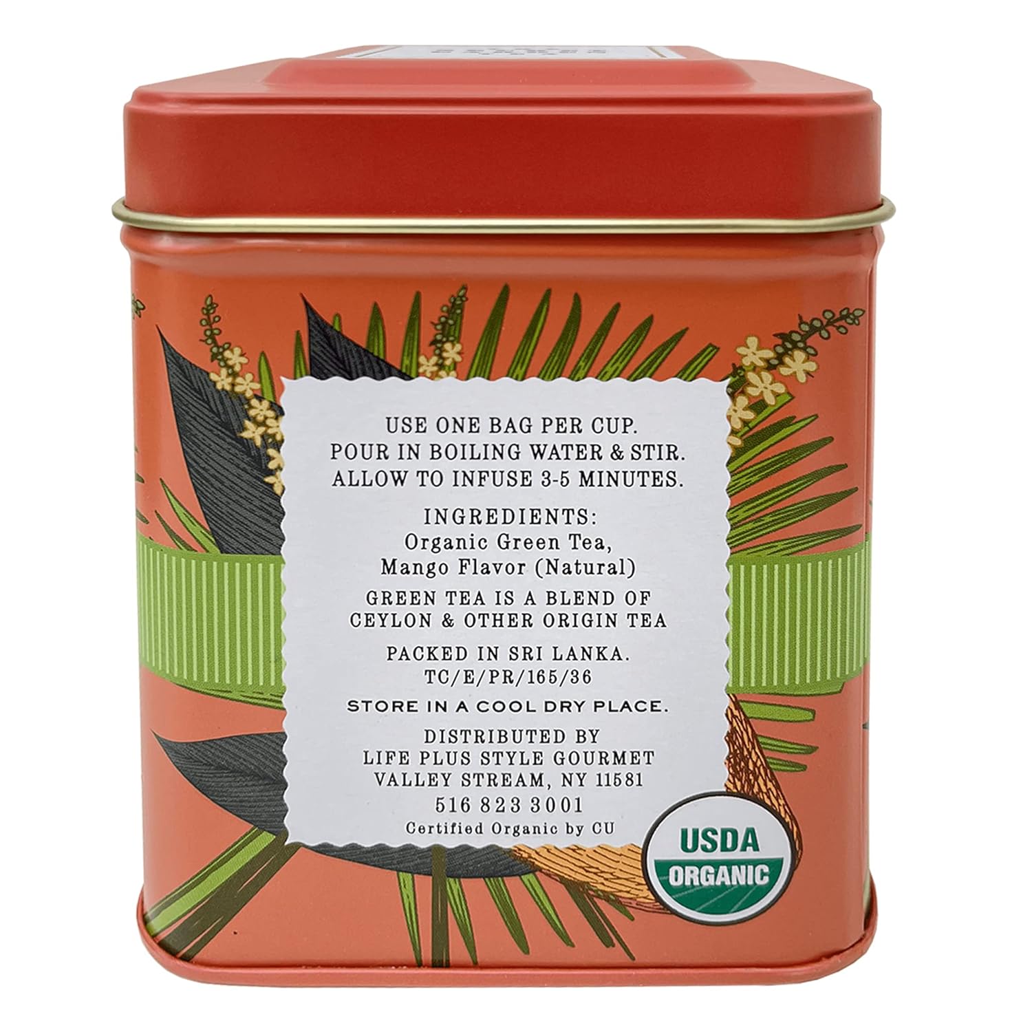 Organic Ceylon Mango Green Tea - 50 Packets - Natural Antioxidant Rich Herbal Leaf Teabags - USDA Certified 100% Non-GMO - Caffeinated Premium Gift Tin