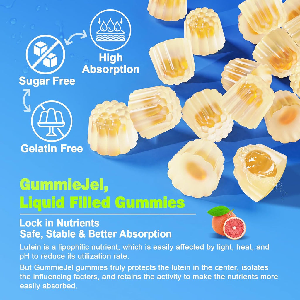 Sugar Free Lutein 20mg 40mg and Zeaxanthin Gummies for Eyes with Omega 3 (EPA 190mg & DHA 80mg), Lutein Supplements Eye Vitamins Filled Gummies Plus Bilberry, Goji Berry & Saffron, Vegan - 60 Count
