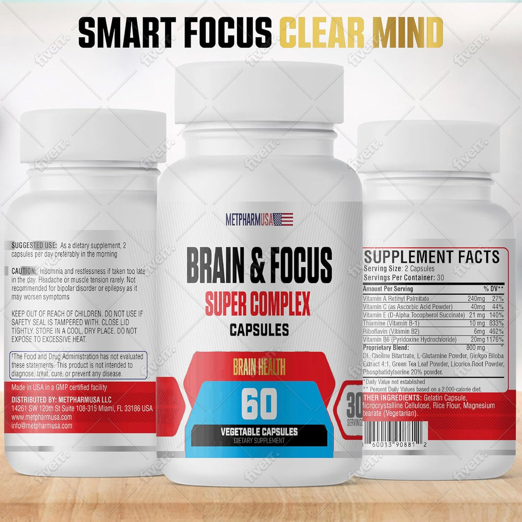 Brain & Focus Nootropic Super Complex Supplement for Brain Support and Performance, Improved Focus Memory and Mental Performance