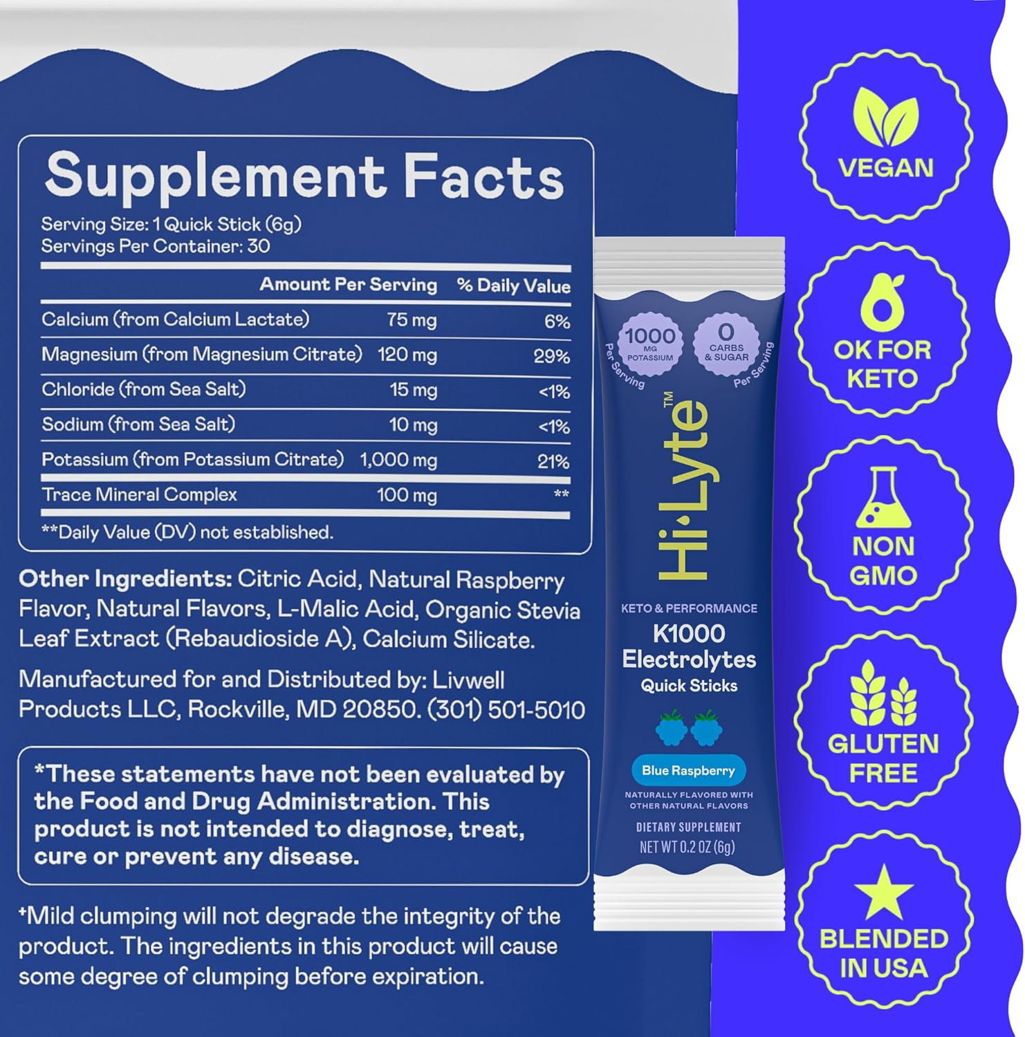 Hi-Lyte K1000 Electrolytes Sticks Blue Raspberry Keto & Performance, 30 Servings