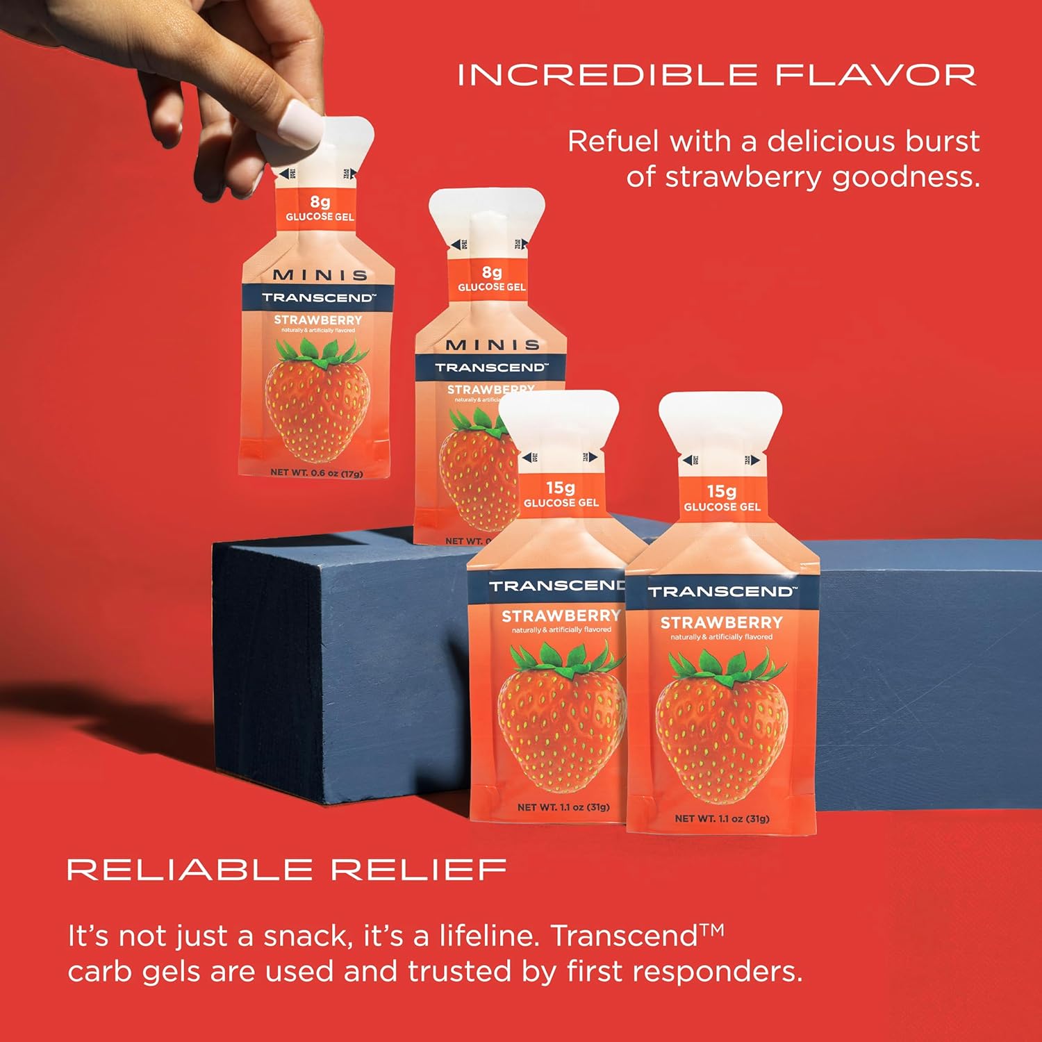 Transcend Foods Strawberry Gel (1.1 oz, Pack of 38) Fast-Acting Carb Gel Strawberry Flavor – Caffeine Free, Gluten Free