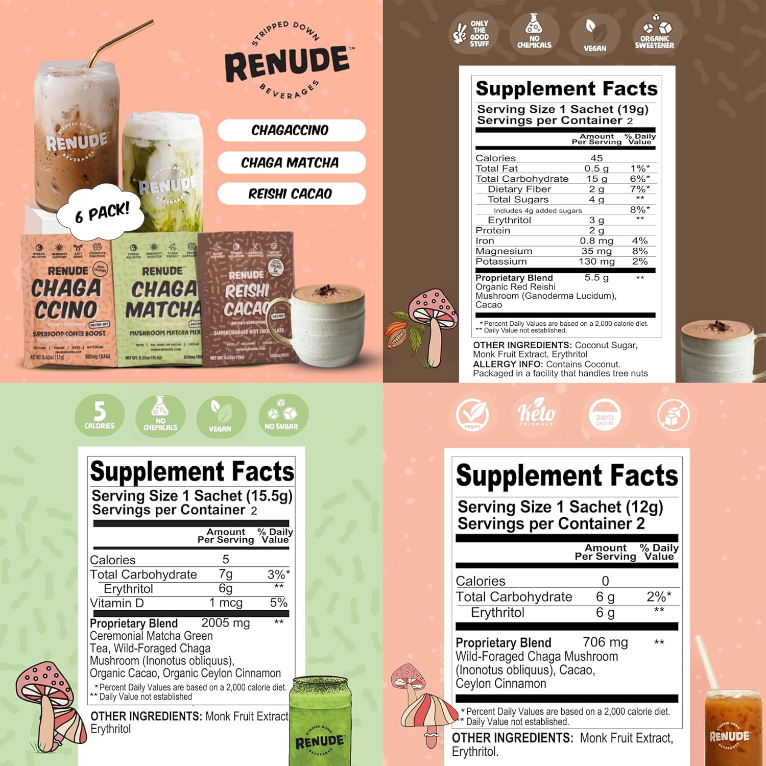 Renude Variety Pack - Mushroom Matcha, Coffee & Hot Chocolate, Cacao Powder, Natural Vegan Superfoods, Coffee Alternative with Chaga & Reishi - 2 Chagaccino, 2 Chaga Matcha, 2 Reishi Cacao (6 Count)