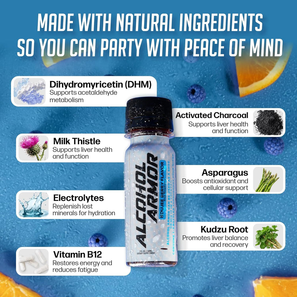 Alcohol Armor Recovery Shot 12-Pack – 2 oz Supplement with Natural DHM, Milk Thistle, Activated Charcoal, Electrolytes & B12 – Dye-Free, Caffeine-Free & Sugar-Free Hydration & Party Support Drink