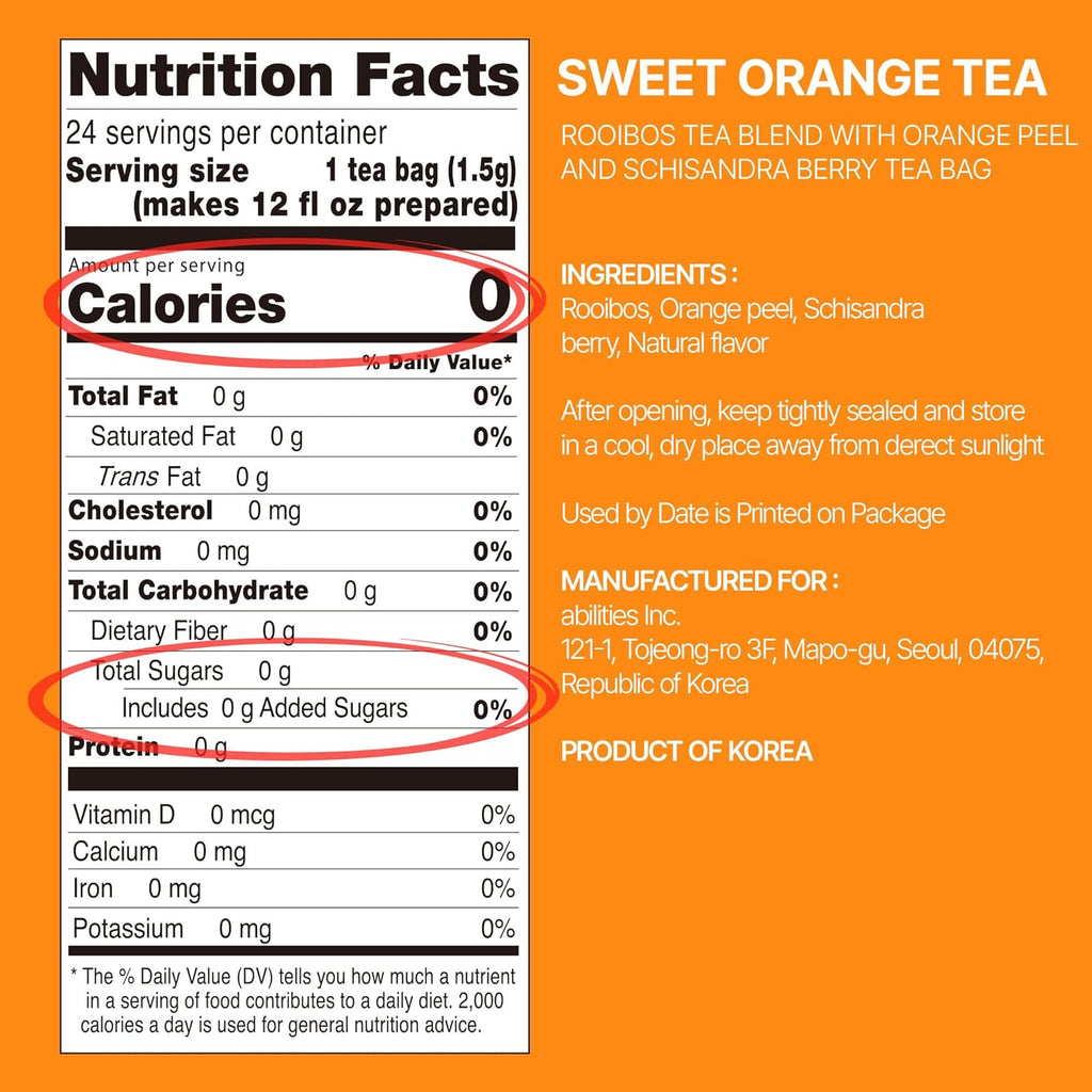 Odada Sweet Orange Tea - Rooibos, Orange Peel & Schisandra Berry Blend, Bright Citrus Hydration & Natural Antioxidant K-Wellness Drink, Caffeine-Free, Zero Sugar, 24 Tea Bags