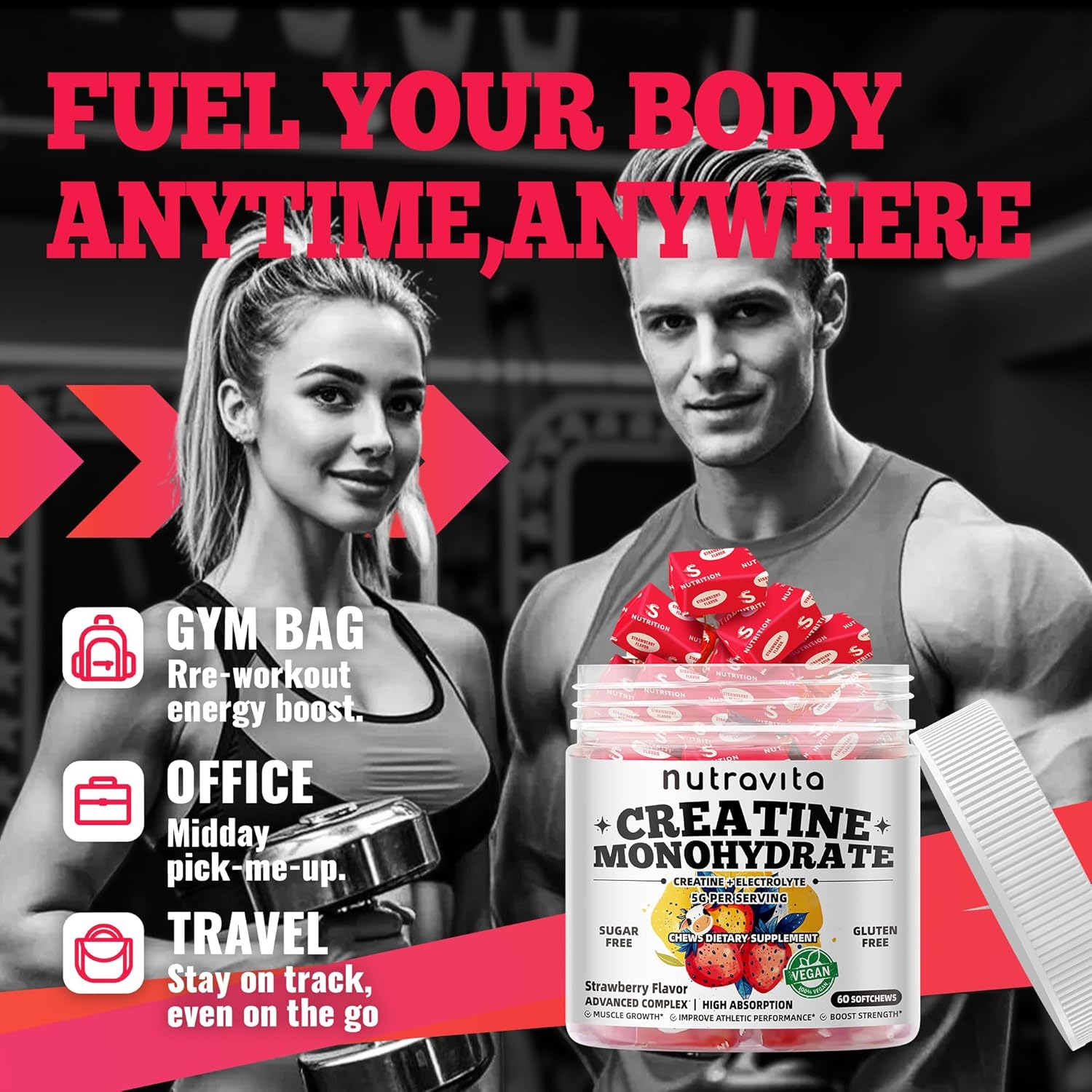 Creatine Monohydrate Chews (5g) – Pre-Workout Energy & Muscle Growth Support for Men & Women | Strawberry Electrolyte Gummies (60 Count)