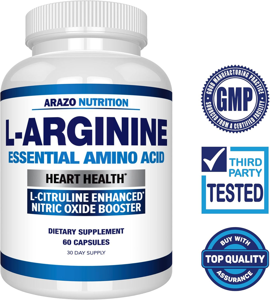 Arazo Nutrition Premium L Arginine - 1340mg Nitric Oxide Booster with L-Citrulline & Essential Amino Acids for Muscle Gain and Energy - Powerful NO Booster to Train Longer & Harder – 60 Capsules