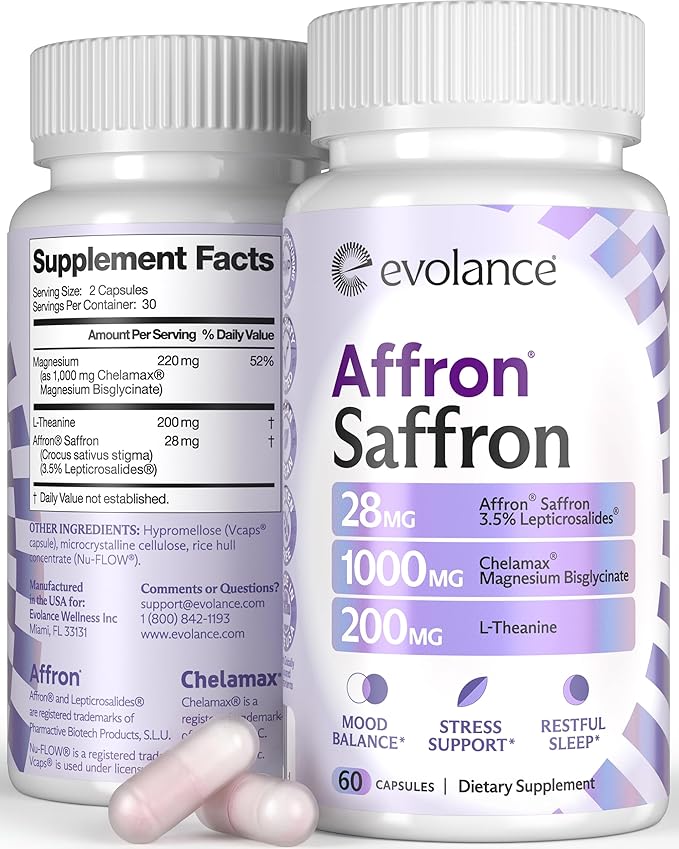 Saffron Supplements Extract for Stress & Mood Support – Affron 28mg, Magnesium Glycinate 1000mg, L-Theanine 200mg – High Absorption, Sleep & Focus Support, Melatonin-Free, 60 Veggie Capsules