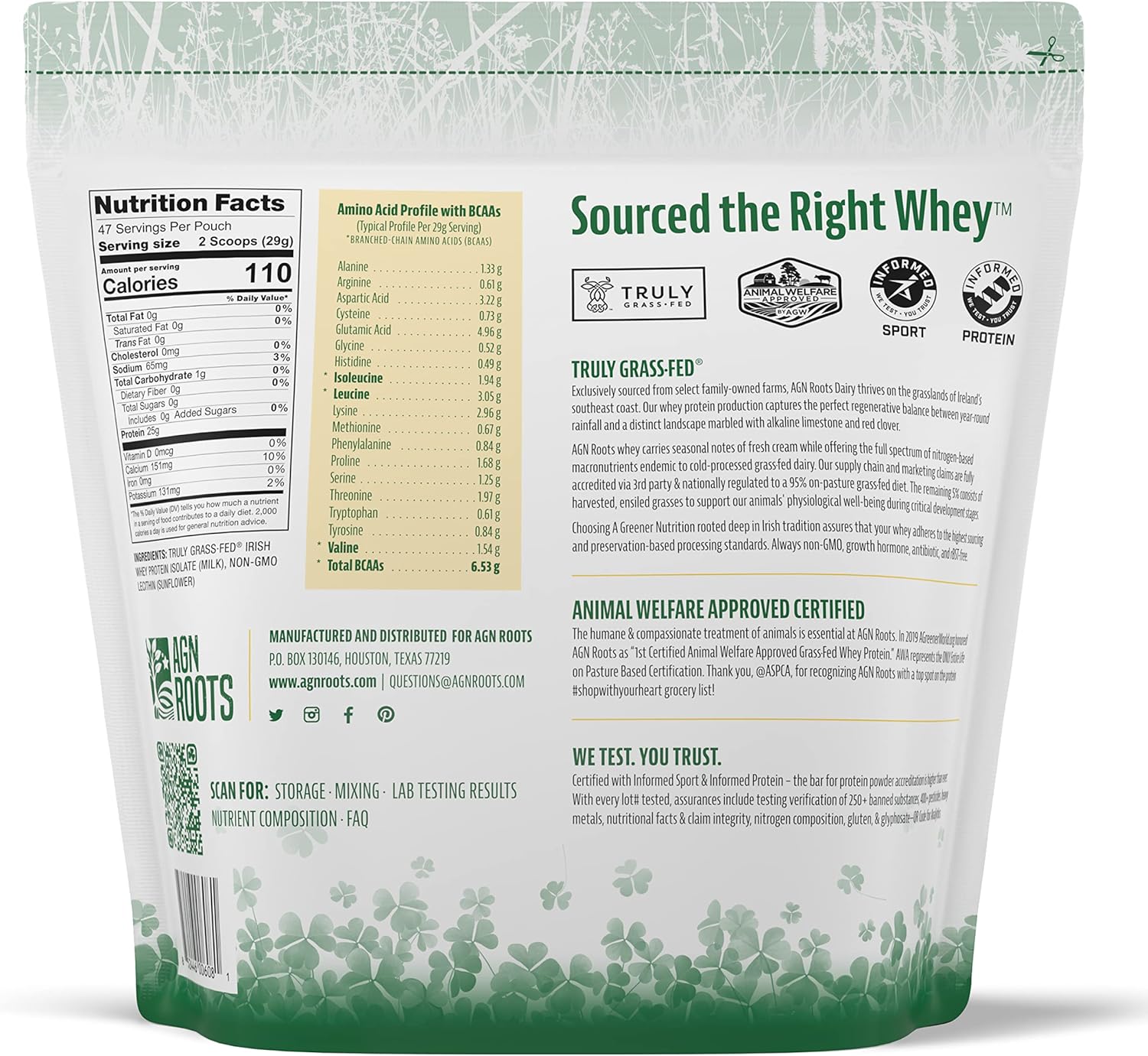 Grass Fed Whey Protein Powder Isolate - Unflavored - Unsweetened - Certified Entire Life On Pasture - A Greener World - ASPCA Registered Brand List - Informed-Sport - 3lbs