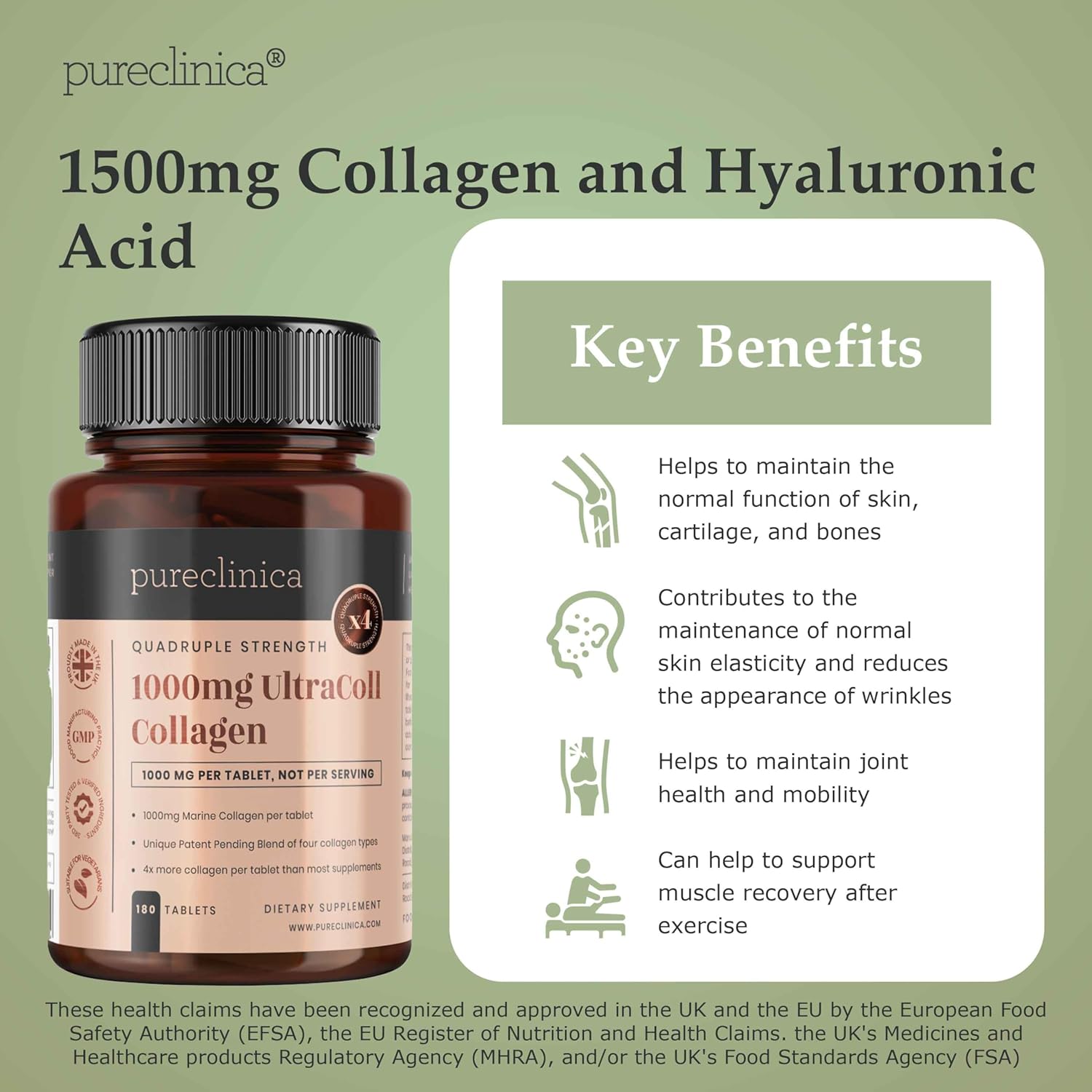 pureclinica 1500mg UltraColl Collagen (1200mg) and Hyaluronic Acid (300mg) x 180 Tablets - 6 Months Supply