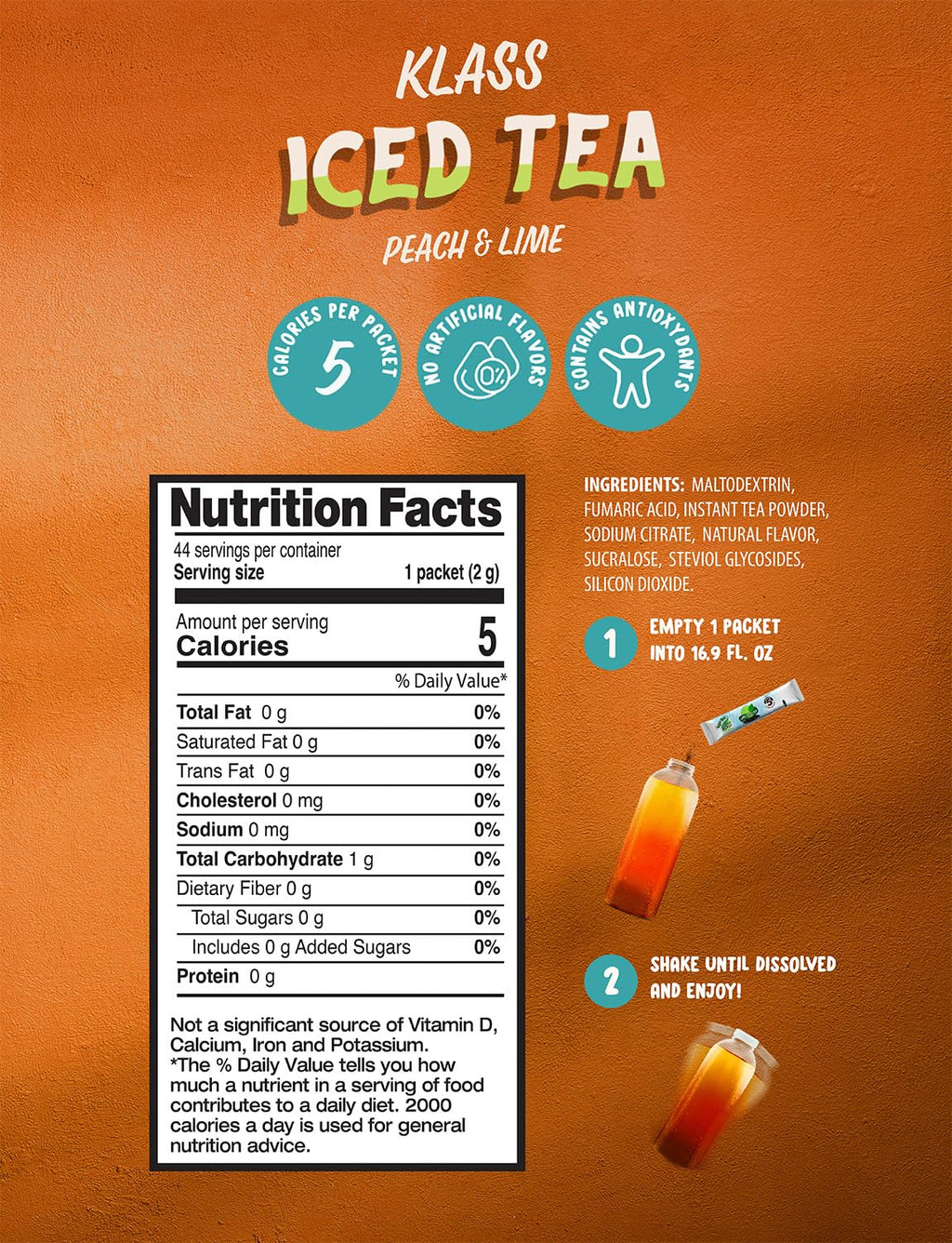 Klass Iced Tea Drink Mix - Sugar Free Variety Pack - Peach & Lime Black Tea On-The-Go! (44 Count Powder Stick Packs) 5 Calories Per Packet