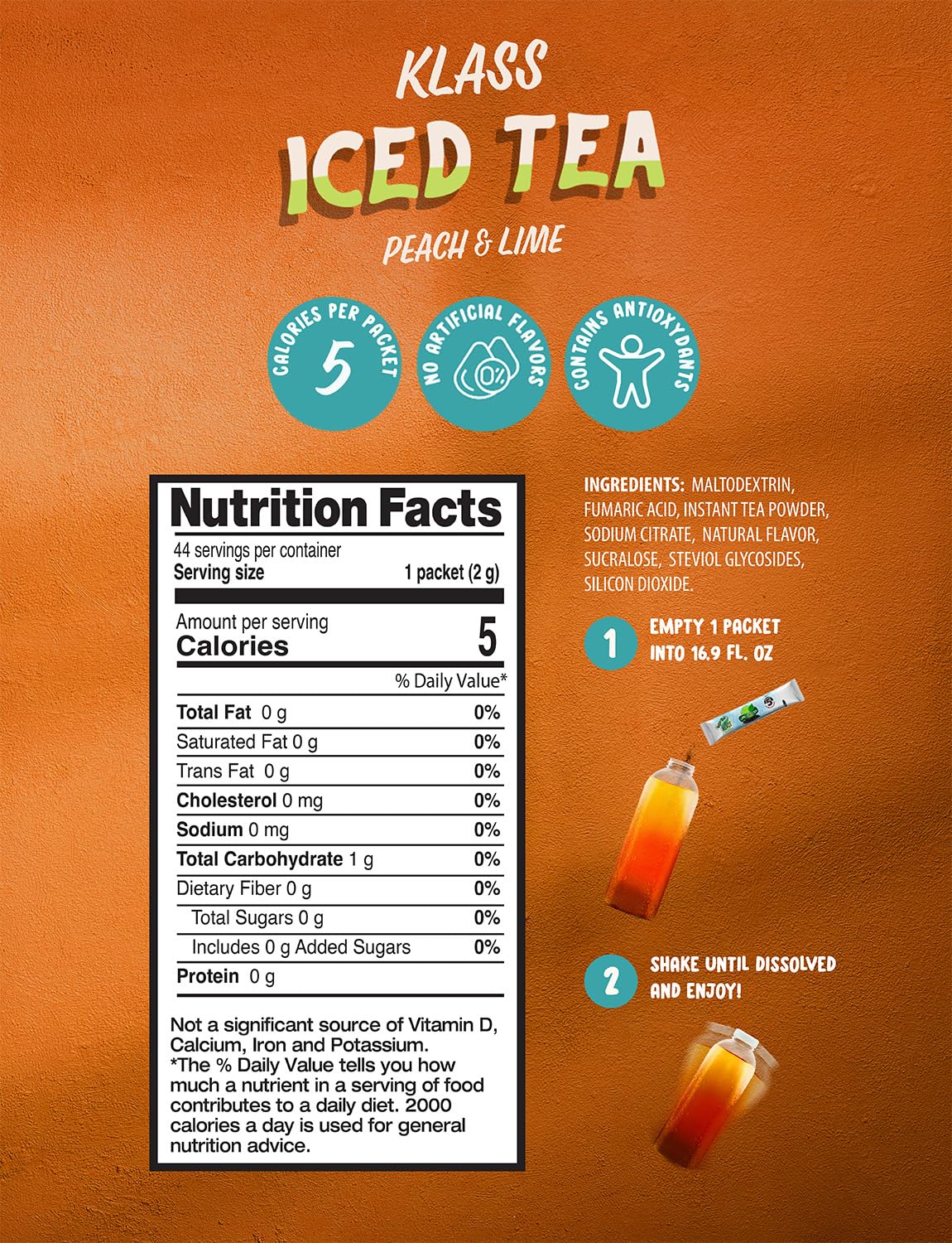 Klass Iced Tea Drink Mix - Sugar Free Variety Pack - Peach & Lime Black Tea On-The-Go! (44 Count Powder Stick Packs) 5 Calories Per Packet