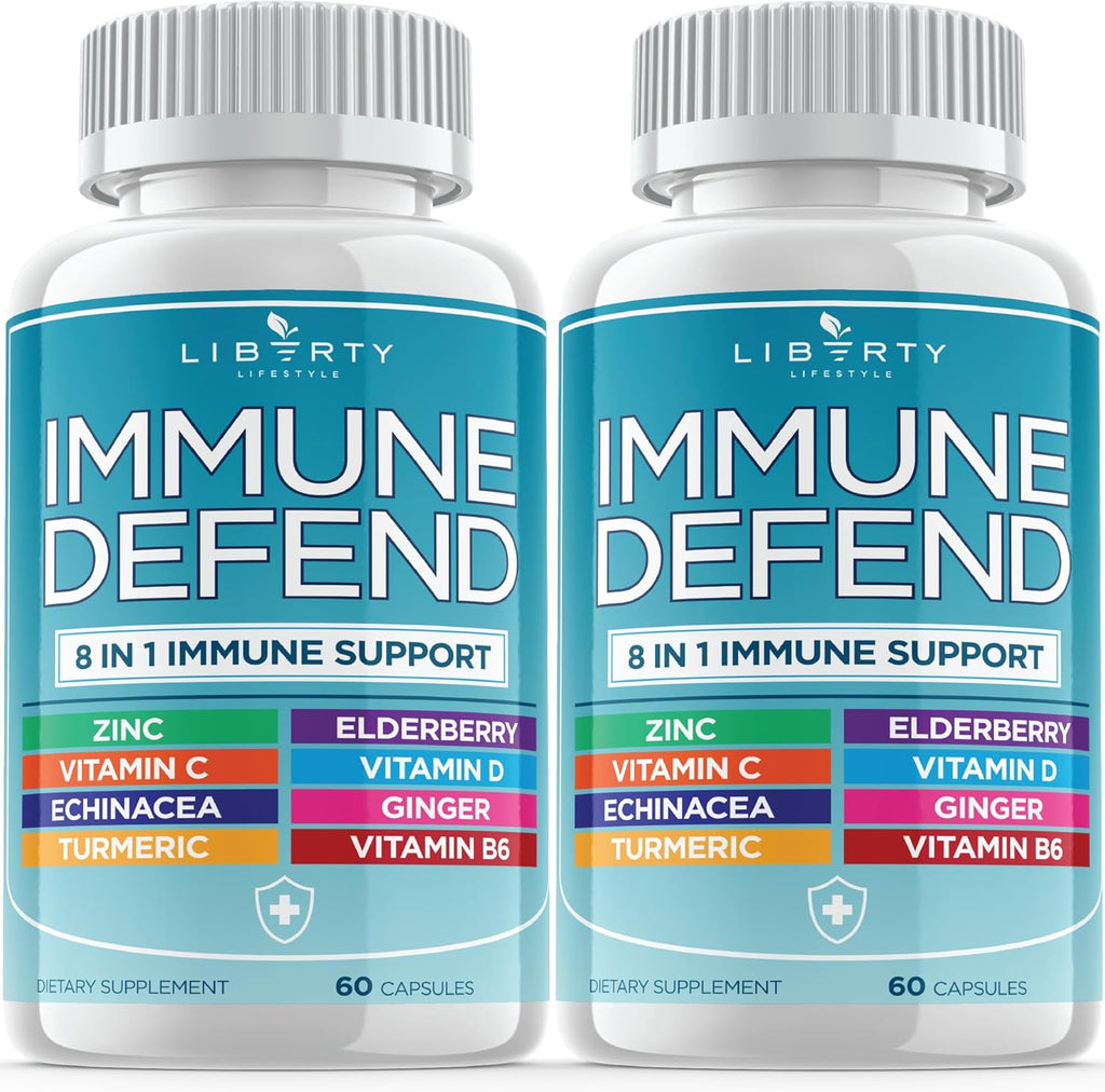 8 in 1 Immune Defense Support, Immunity Vitamins Supplement Booster with Zinc 50mg, Vitamin C Elderberry Vit D3 5000 IU, Turmeric Curcumin & Ginger, Echinacea - Allergy Relief for Kids Adults (2 Pack)