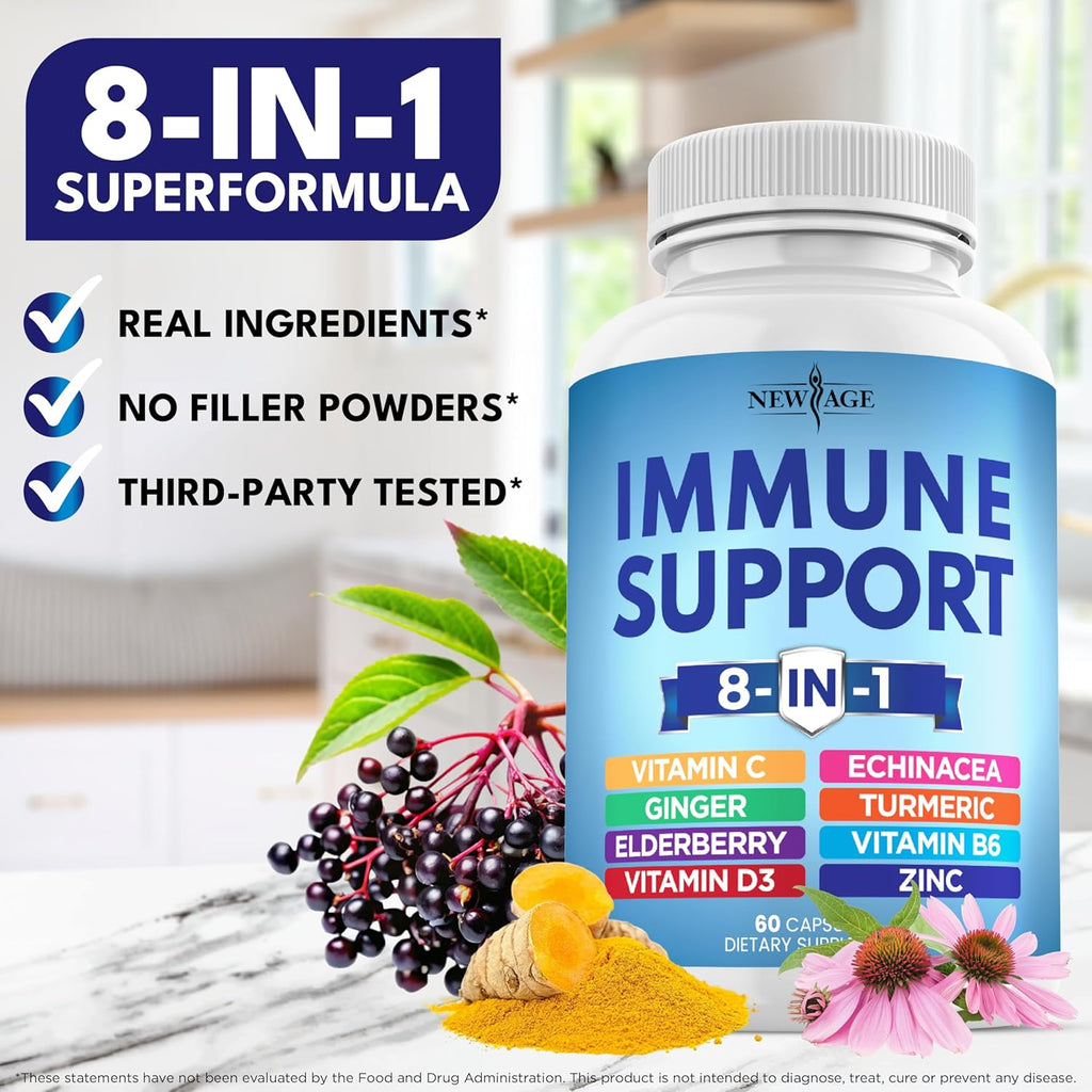 8 in 1 Immune Support Booster Supplement with Echinacea, Vitamin C and Zinc 50mg, Vitamin D 5000 IU, Turmeric Curcumin & Ginger, B6, Elderberry (8 in 1 Capsules (Pack of 3))