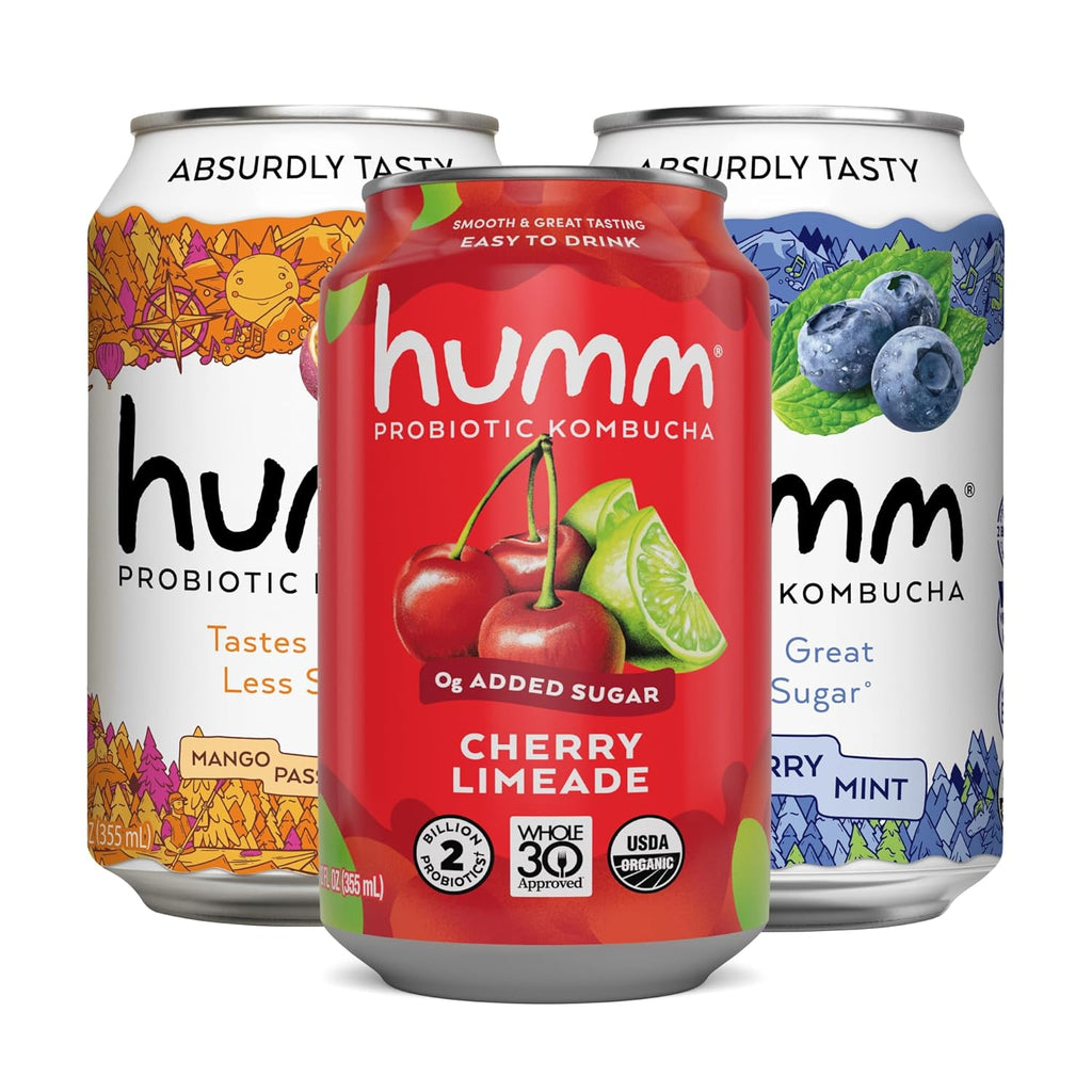 Humm Kombucha Seasonal Variety 12 Pack, Cherry Limeade, Blueberry Mint, Mango Passionfruit, Organic, Vegan & GMO Free