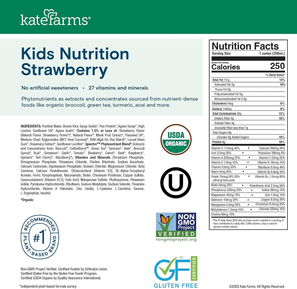KATE FARMS Organic Kids Nutrition Strawberry Shake, 8g Protein, 27 Vitamins and Minerals, Meal Replacement, Gluten Free, Non-GMO, 8.45 oz (12 Pack)