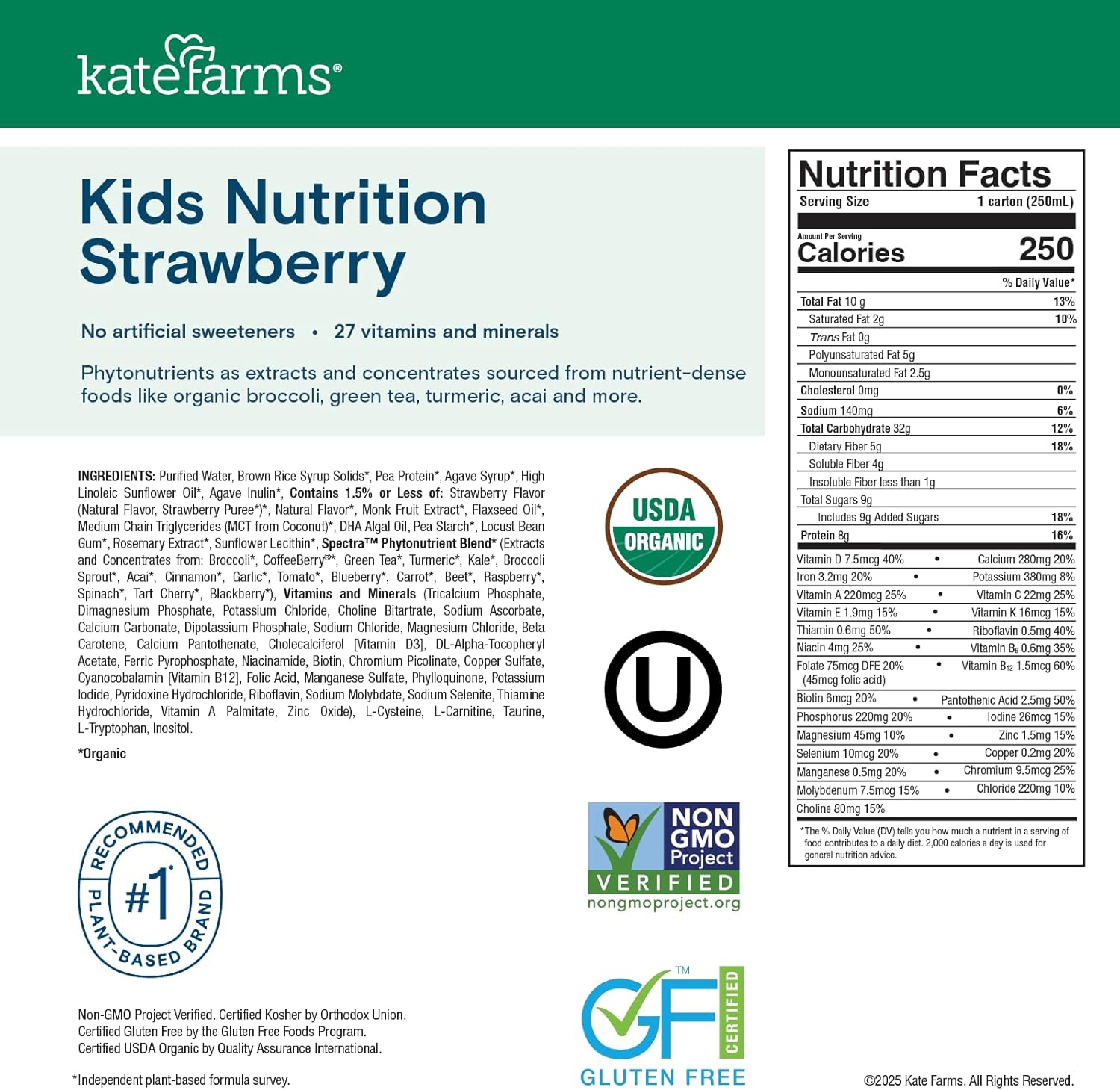 KATE FARMS Organic Kids Nutrition Strawberry Shake, 8g Protein, 27 Vitamins and Minerals, Meal Replacement, Gluten Free, Non-GMO, 8.45 oz (12 Pack)