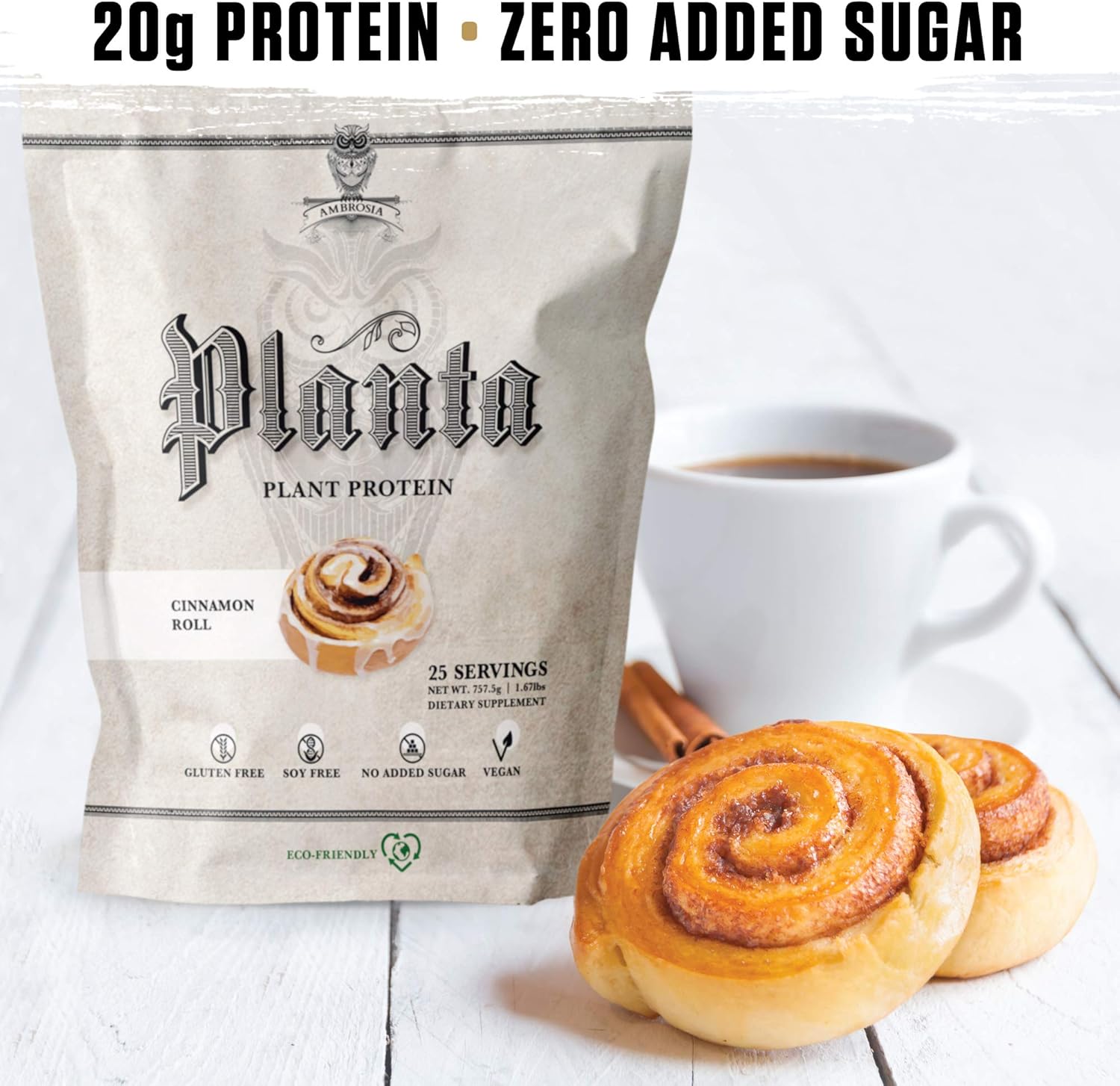 Ambrosia Planta - Premium Organic Plant-Based Protein | Vegan & Keto Friendly | Gourmet Flavors with No Bloating or Stomach Upset | Gluten & Soy Free | No Added Sugar | 25 Servings | Cinnamon Roll