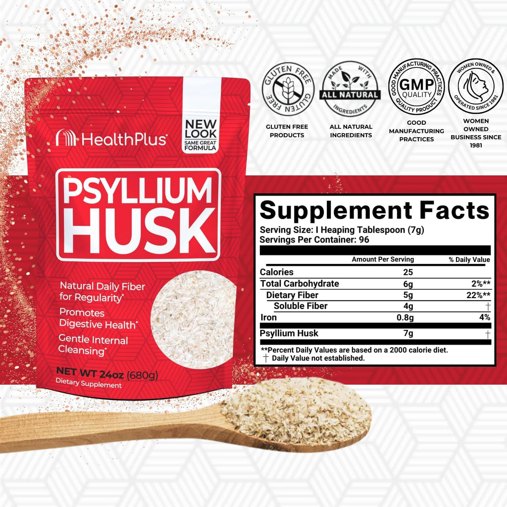 Health Plus, Psyllium Husk, 24 oz, 96 Servings - Natural Detox, Daily Dietary Fiber Supplement, Constipation Relief, Gentle Gut Cleanse, Keto Baking