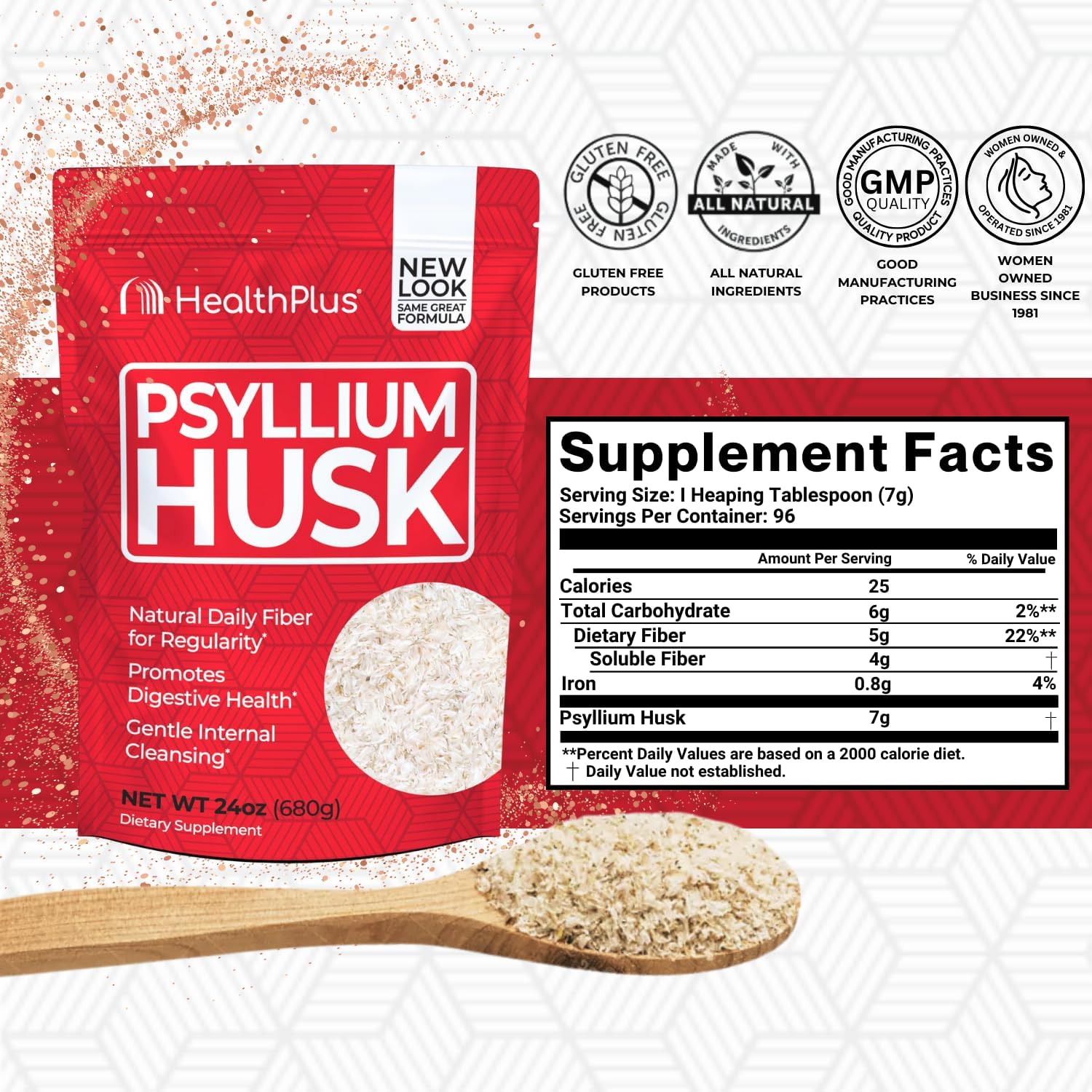 Health Plus, Psyllium Husk, 24 oz, 96 Servings - Natural Detox, Daily Dietary Fiber Supplement, Constipation Relief, Gentle Gut Cleanse, Keto Baking