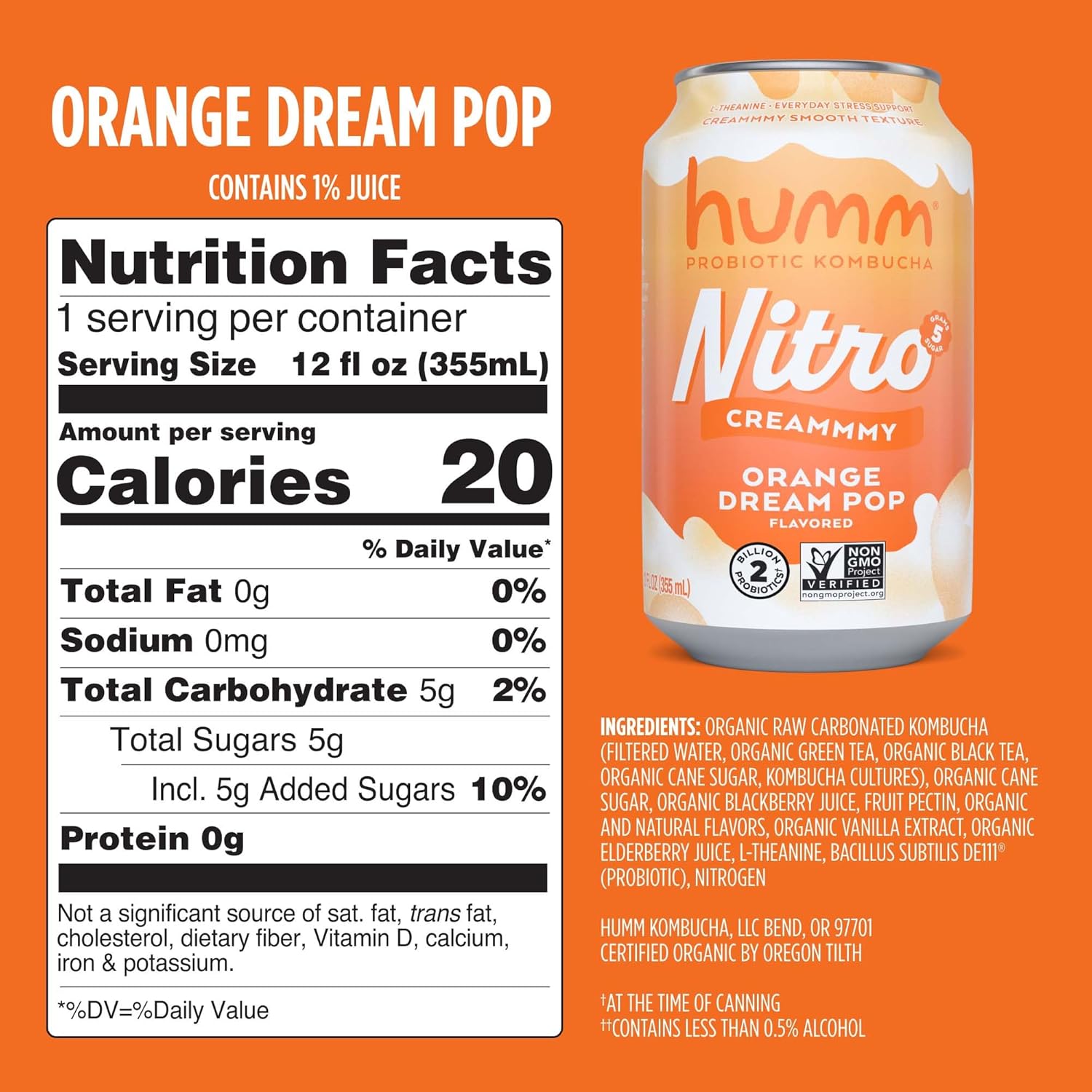 Humm Nitro Kombucha Orange Dream Pop, Creamy Smooth Probiotic Drink with L-Theanine, Non-GMO, Vegan, Gluten Free, 12 fl oz (Pack of 24)
