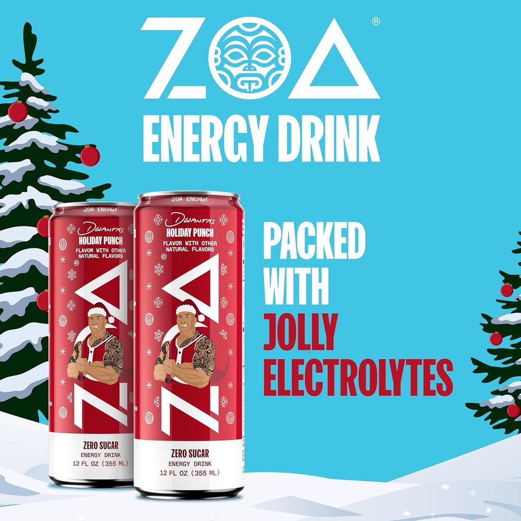 ZOA Zero Sugar Energy Drinks, Dwanta's Holiday Punch - Sugar Free with Electrolytes, Healthy Vitamin C, Amino Acids, Essential B-Vitamins, and Caffeine from Green Tea - 12 Fl Oz (12-Pack)