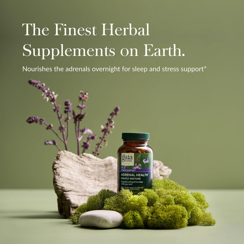Gaia Herbs Adrenal Health Nightly Restore - Herbal Supplement with Ashwagandha, Magnolia Bark, Cordyceps, Lemon Balm & More - 120 Vegan Liquid Phyto-Capsules (60 Servings)