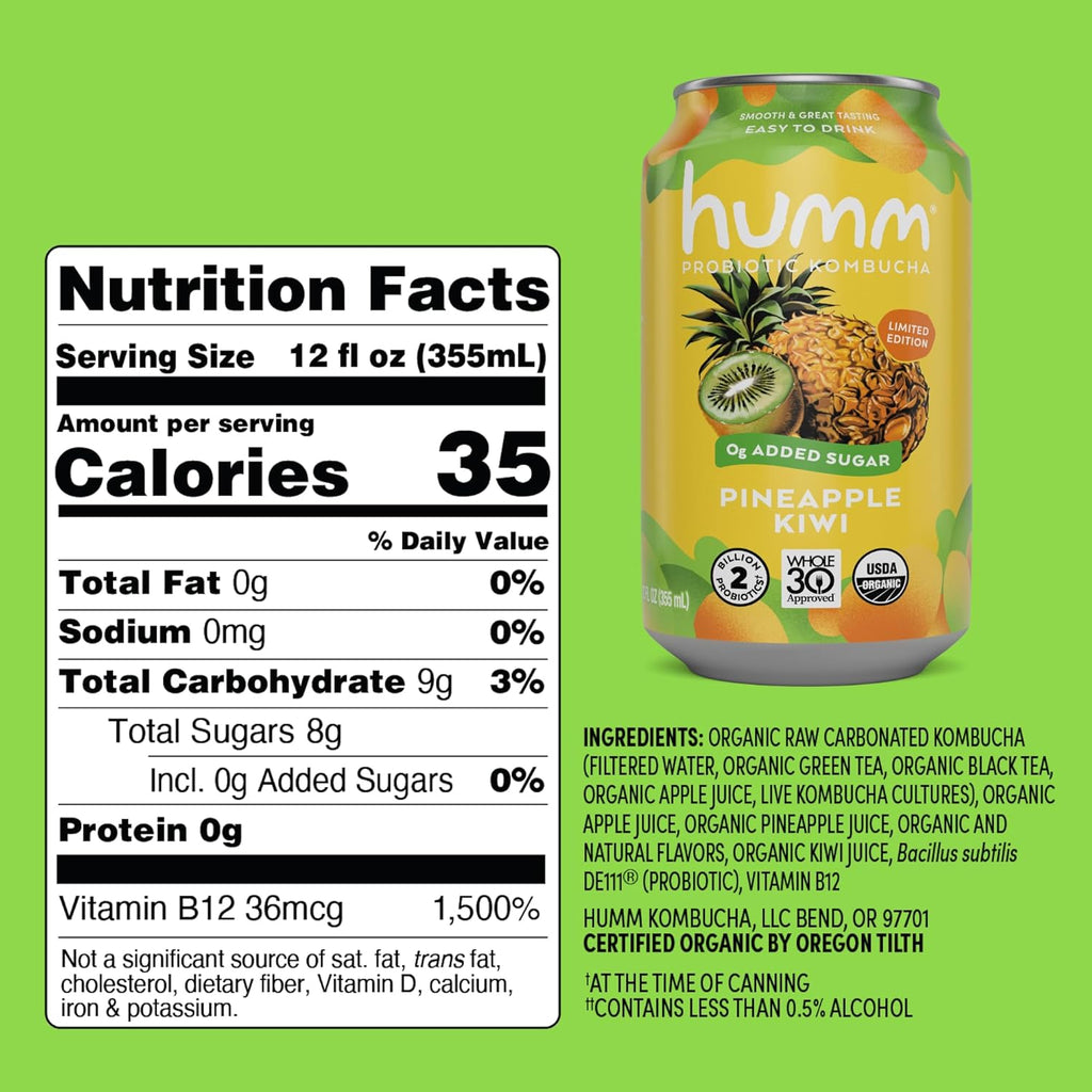 Humm Whole30 Approved Kombucha, Pineapple Kiwi, Organic, Vegan & GMO Free (24 Pack)