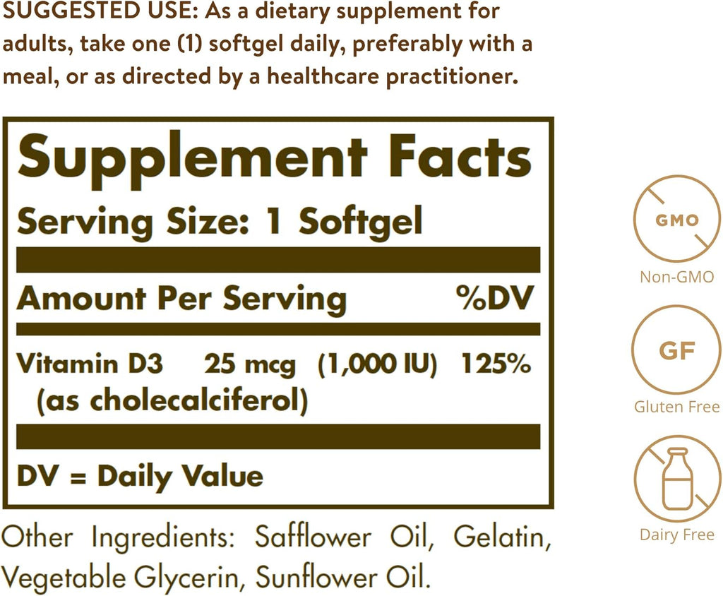 Solgar Vitamin D3 (Cholecalciferol) 25 MCG (1000 IU), 250 Softgels - Helps Maintain Healthy Bones & Teeth - Immune System Support - Non-GMO, Gluten-Free, Dairy Free - 250 Servings