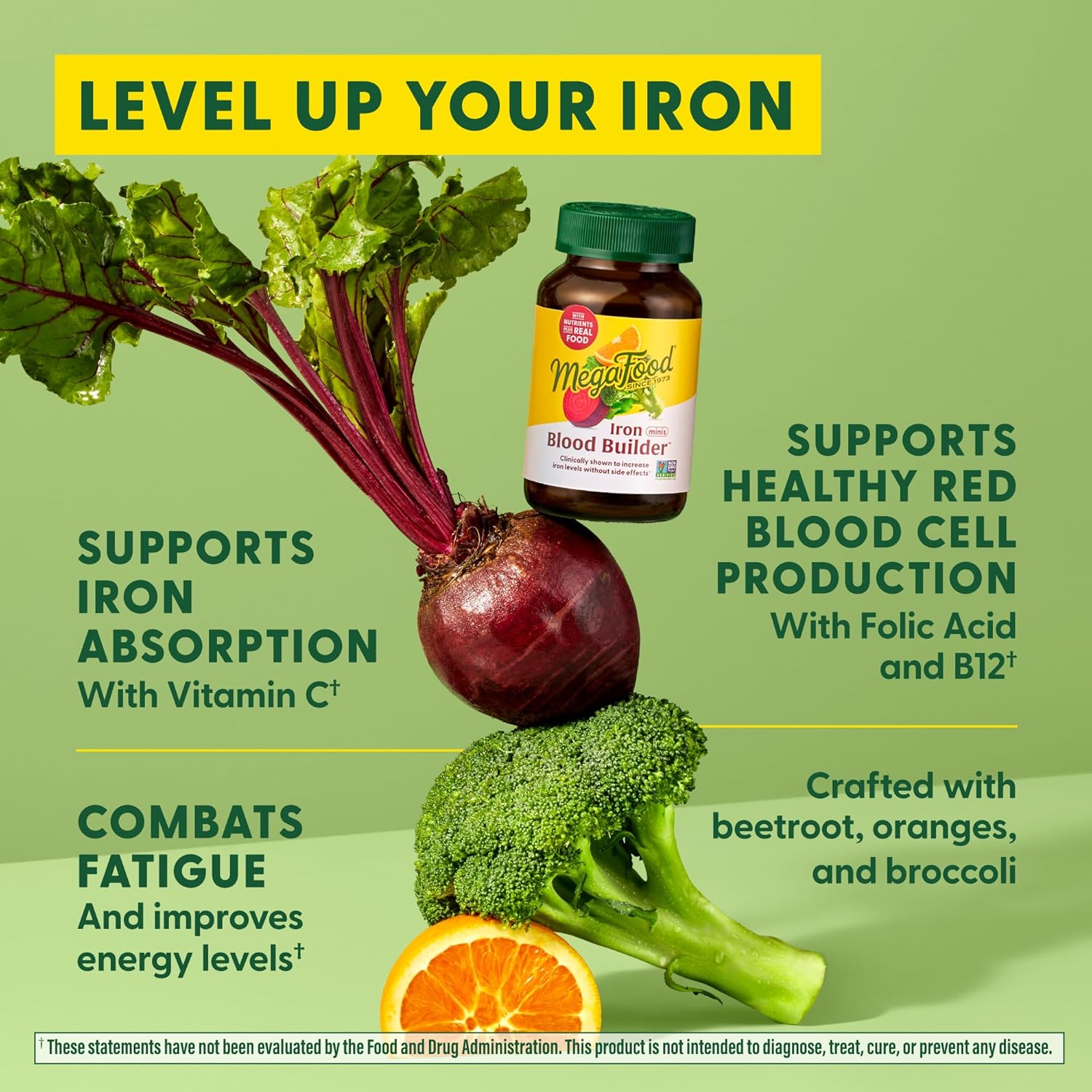 MegaFood Blood Builder Minis, Iron Supplement Clinically Shown to Increase Iron Levels Without Side Effects - Vegan Supplement with Vitamin C, Vitamin B12 & Folic Acid, 60 Tablets (30 Servings)