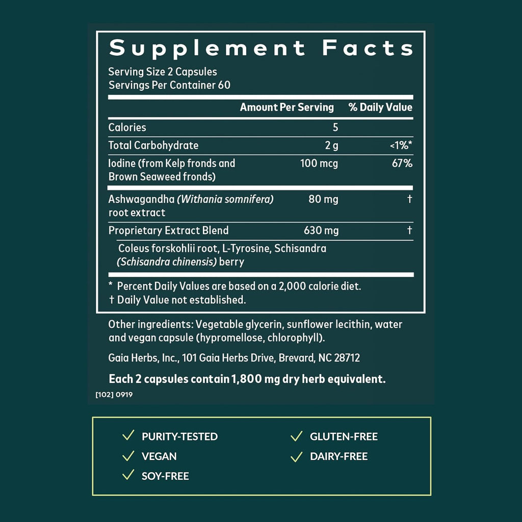 Gaia Herbs Thyroid Support - Made with Ashwagandha, Kelp, Brown Seaweed, and Schisandra to Support Healthy Metabolic Balance and Overall Well-Being - 120 Vegan Liquid Phyto-Capsules (40-Day Supply)