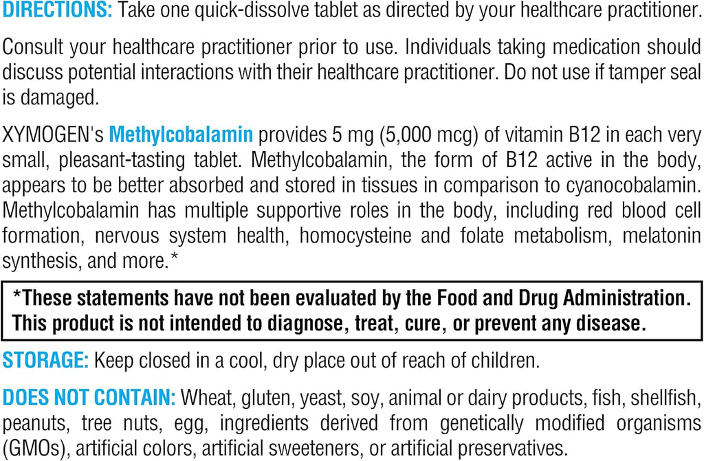 XYMOGEN Methylcobalamin 5,000 mcg - Vitamin B12 Supplement in Small, Pleasant-Tasting Tablets - Supports Healthy Methylation, Neurological Health, a Healthy Immune System (120 Tablets)