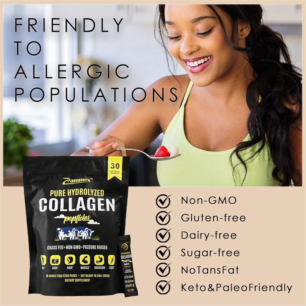 Premium Collagen Peptides Powder, 30 Sticks Travel Packets(Type I, III), Unflavored Collagen Protein Powder to Go, Hydrolyzed Collagen Peptides for Skin Hair Nail Joint, 10g per Serving, Paleo & Keto
