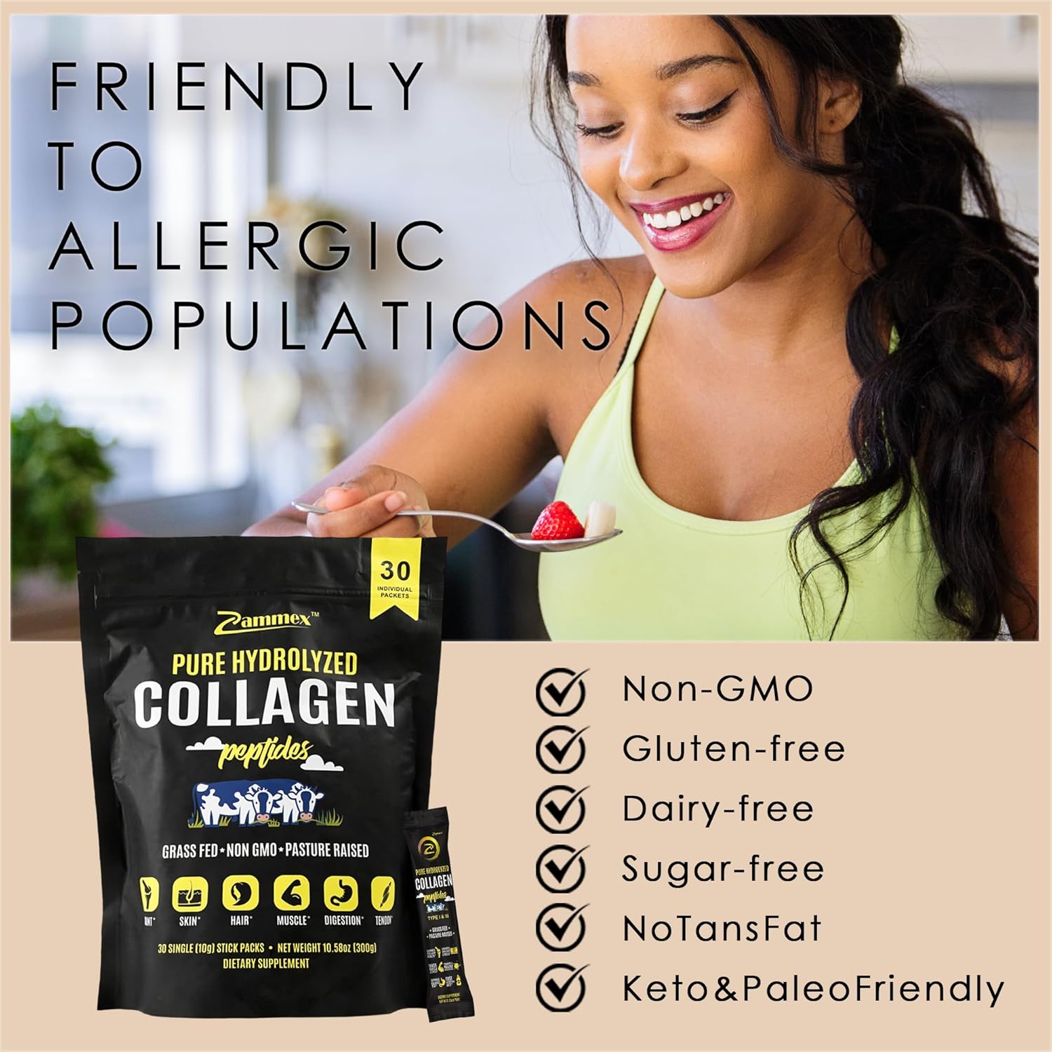Premium Collagen Peptides Powder, 30 Sticks Travel Packets(Type I, III), Unflavored Collagen Protein Powder to Go, Hydrolyzed Collagen Peptides for Skin Hair Nail Joint, 10g per Serving, Paleo & Keto