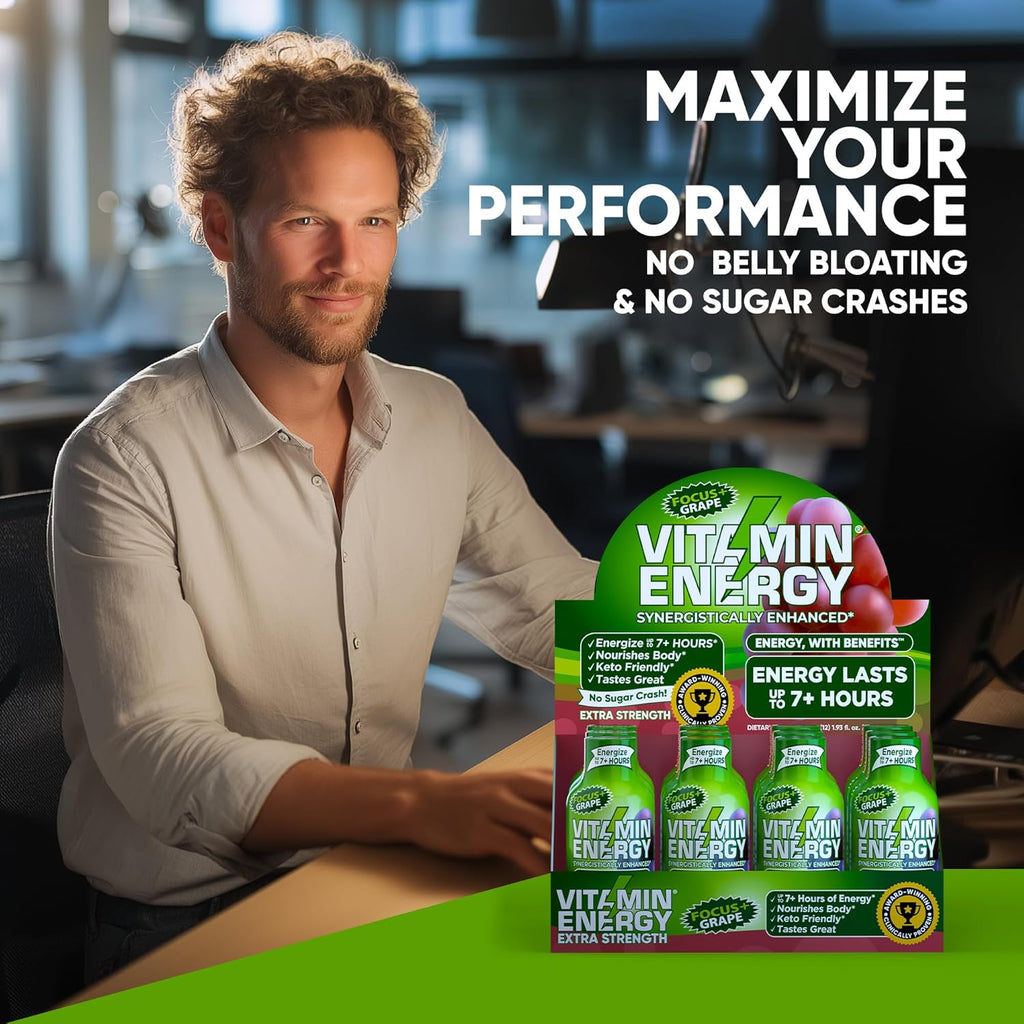Vitamin Energy Focus+ Extra Strength Energy Shot Grape 12 Pack, 260mg Natural Caffeine, B-Vitamins, CoQ10, Amino Acids, Focus, Productivity & Clarity, Zero Sugar, Gluten-Free, 1.93 fl oz