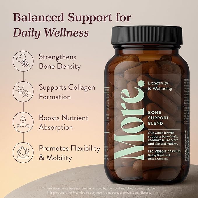 More. Longevity & Wellbeing Premium Calcium Supplement - Bone Strength Supplements with Magnesium, Vitamin D3 + K2 & Zinc for Bone Health Support - 4 Capsule Daily - Easy to Swallow - 120 Capsules
