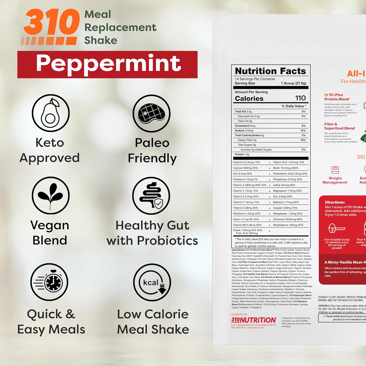 310 Nutrition All-in-One Meal Replacement Shake - Plant-Based Protein Powder with Triplex Proteins, Probiotics, Digestive Enzymes & Superfoods - Vegan, Low Carb, Keto & Paleo Friendly - Peppermint Swirl - 14 Servings
