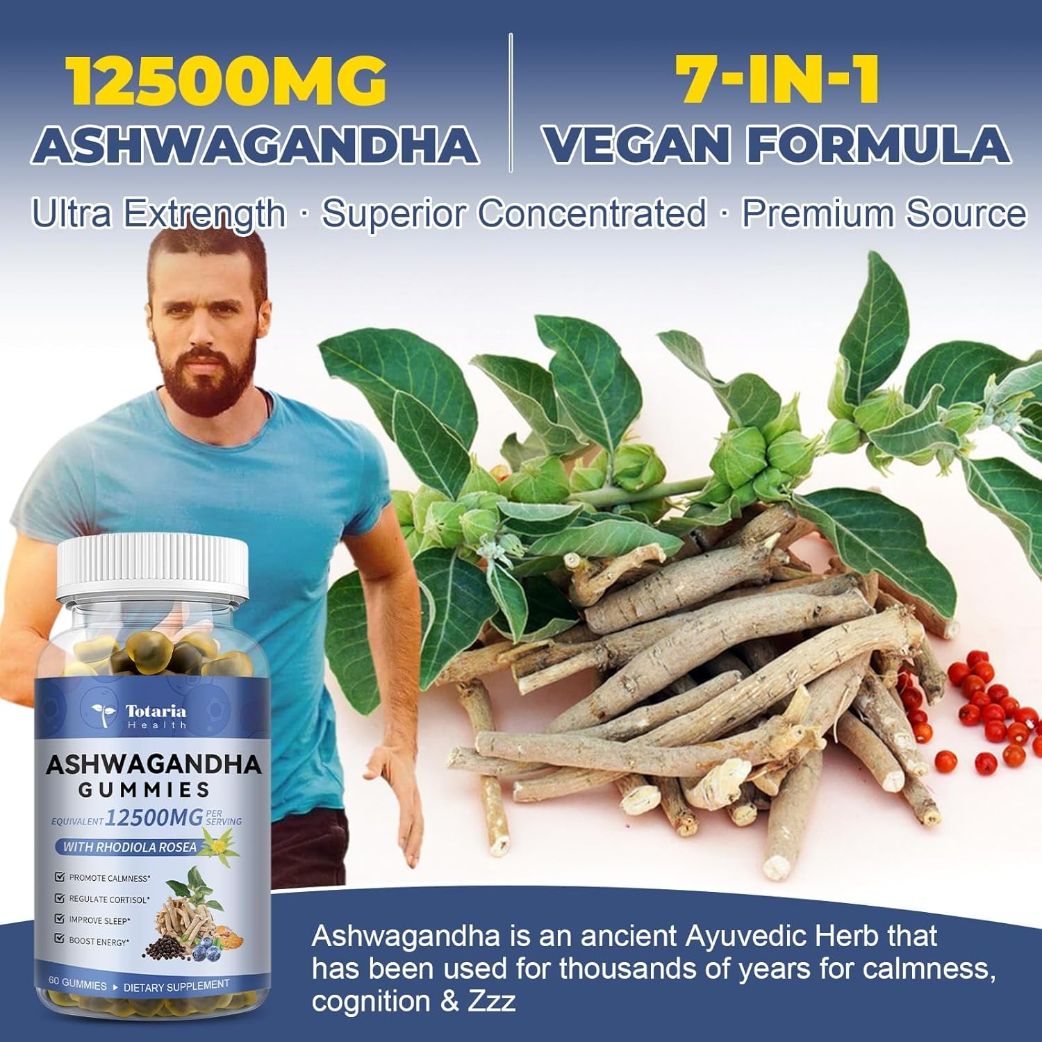 Totaria Sugar Free Ashwagandha Filled Gummies 2500mg w/Vitamin D3, Magnesium Glycinate, Rhodiola, Ultra Strength Ashwa Root Supplements for Women & Wen, for Relaxation, Energy, Blueberry Flavor