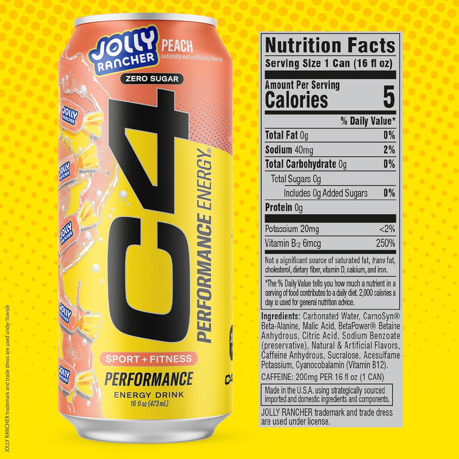 Cellucor C4 Performance Energy Drink | JOLLY RANCHER Peach | Zero Sugar Carbonated Preworkout Energy | 200mg Caffeine with Beta Alanine | 16 Fl Oz (24 Pack)