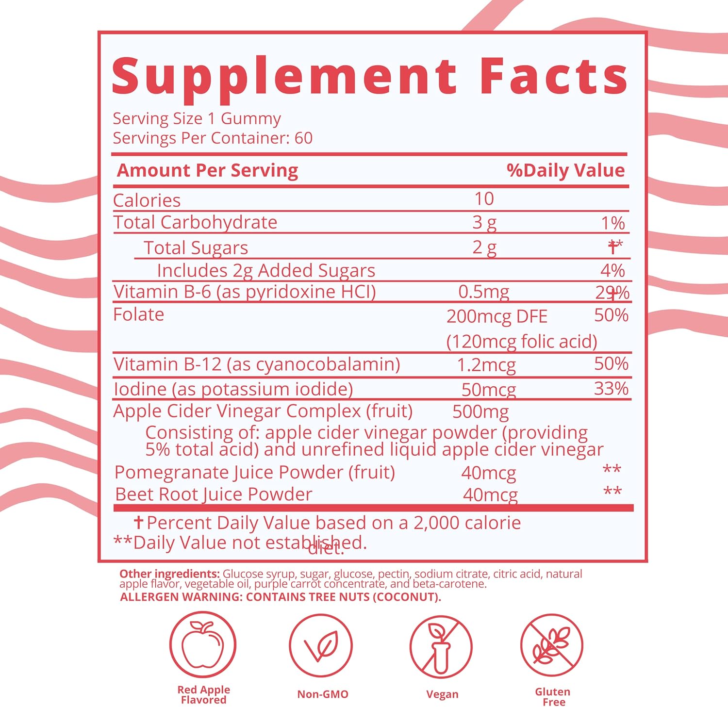 Baby Blues Apple Cider Vinegar Gummies - Vegan, Non-GMO & Gluten-Free, Postpartum Dietary Supplement with Both Vitamin B-6 & B12, 60 Pieces per Bottle