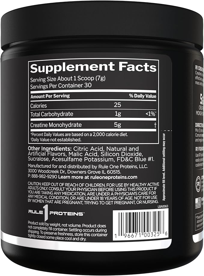 Rule 1 Creatine Powder – Pure Micronized Creatine Monohydrate for High-Intensity Exercise and Lean Body Mass Support, Flavored and Unflavored (30 Servings, Blue Raspberry)