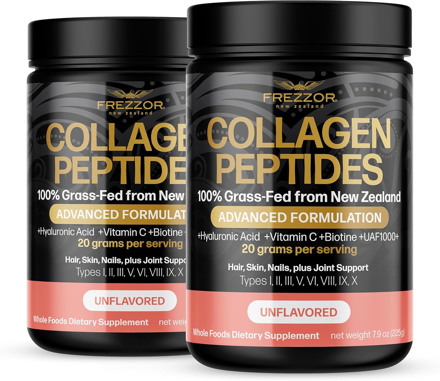 FREZZOR Collagen Peptides Powder, Fine Lines & Wrinkles, Hair & Nails, Supports Youthful Flexibility & Mobility, 100% New Zealand Hydrolyzed Beef Bone Collagen, Unflavored 450g 2 Jars