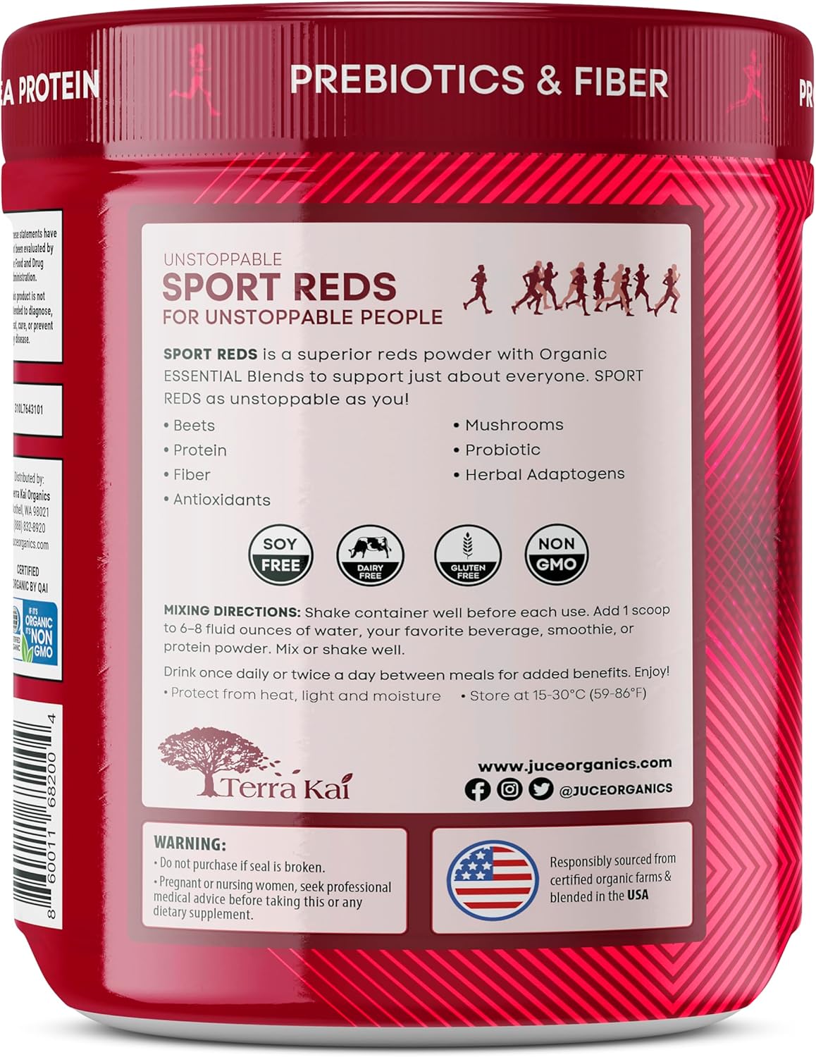 Terra Kai Organics Juce SR7 Sport Reds Organic Fruit & Veggies w/Pea Protein | 43 Superfoods, Antioxidants, Mushrooms, Beets, Herbal Adaptogens, Probiotic, Fiber, Garden Berry Flavor (30 Servings)