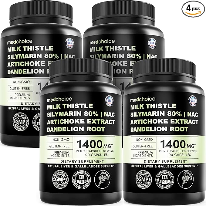 Milk Thistle Supplement w/ NAC, Artichoke & Dandelion – Liver Support Supplement & Gallbladder Supplements in One – Liver Detox – Milk Thistle & Liver Care Supplements – 90 Vegan Capsules, (Pack of 4)