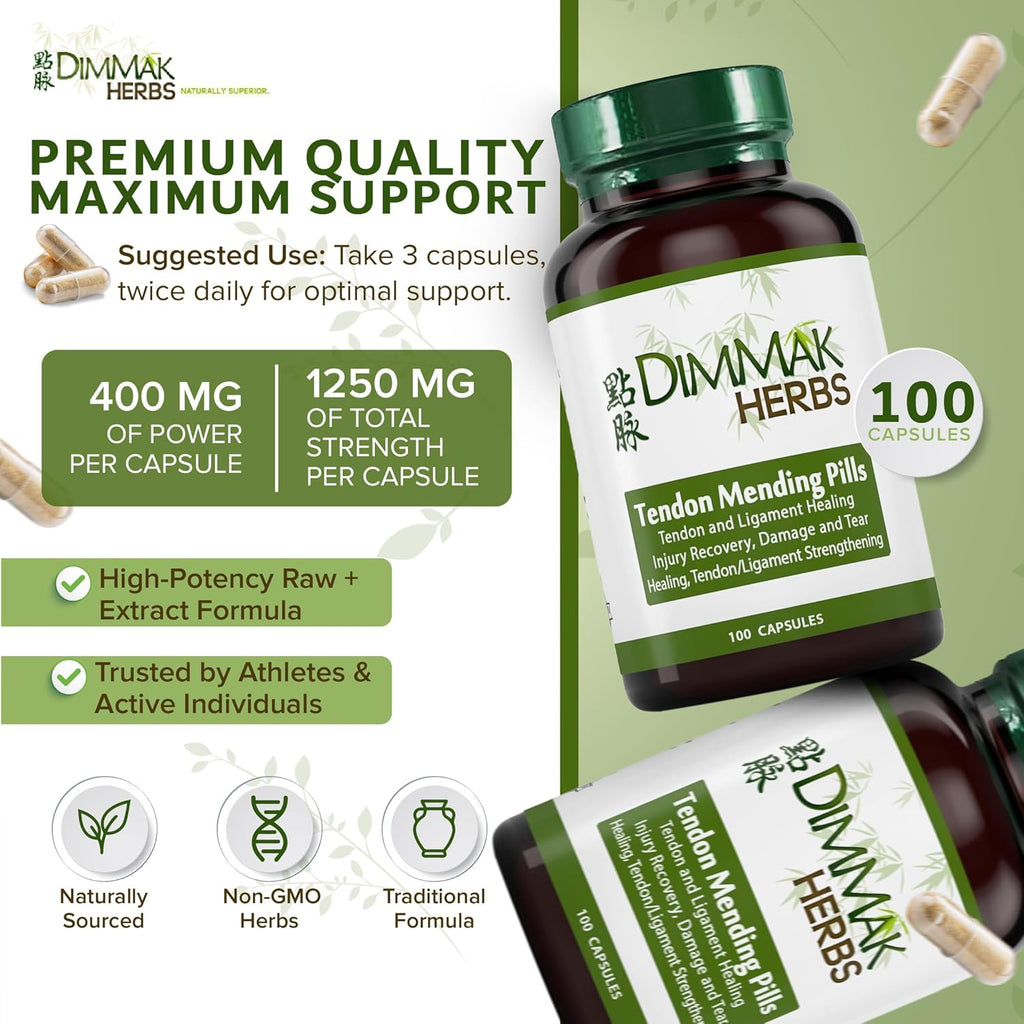 Certified Organic Tendon Mending Pills: Tendon and Ligament Regeneration and Repair. Chronic or Acute by Dimmak Herbs - 100 Caps 500mg