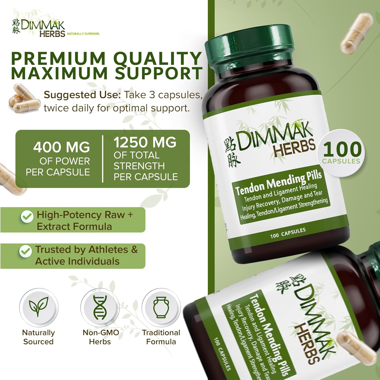 Certified Organic Tendon Mending Pills: Tendon and Ligament Regeneration and Repair. Chronic or Acute by Dimmak Herbs - 100 Caps 500mg
