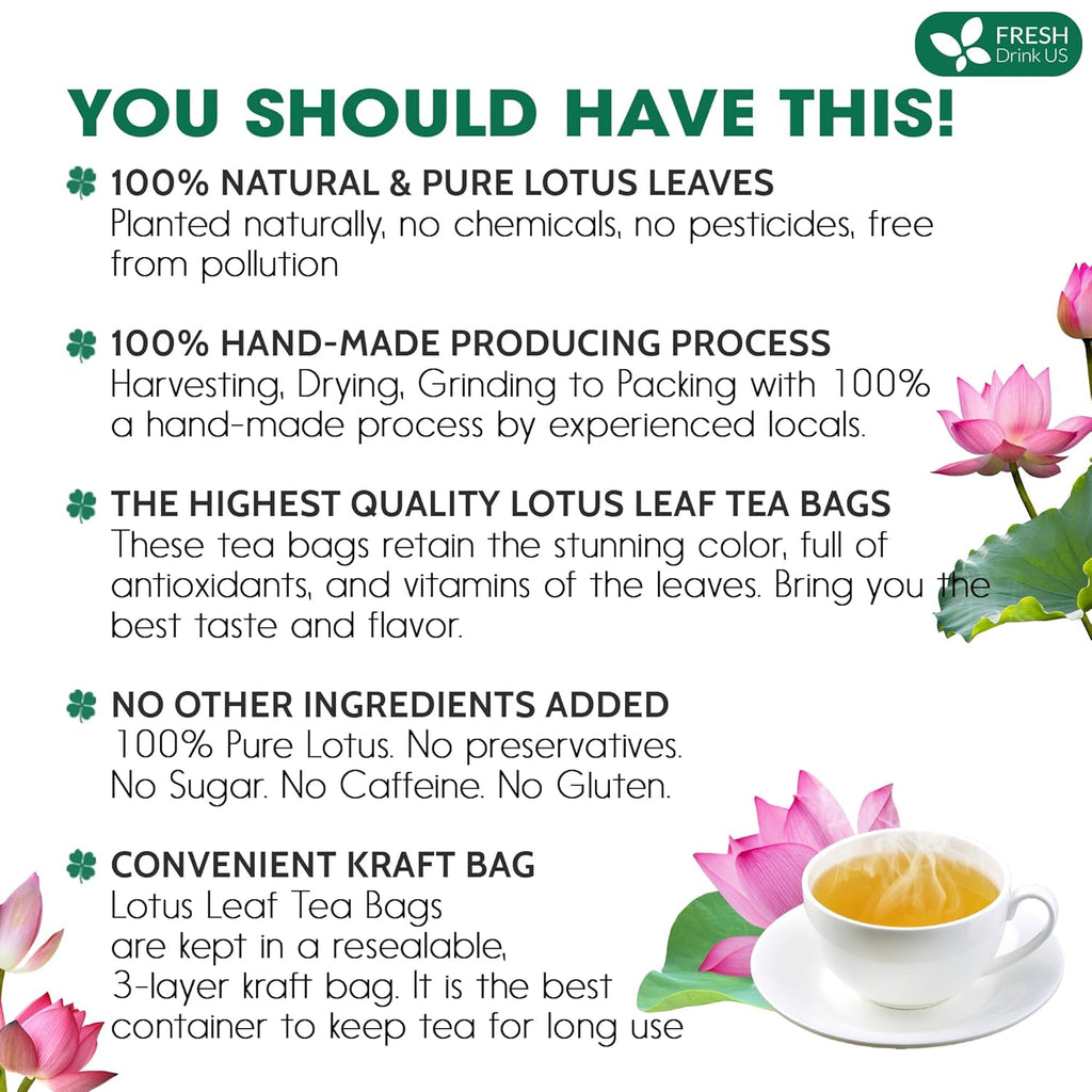 FreshDrinkUS, Premium 30 Lotus Leaf Tea Bags, 100% Natural & Pure from Lotus Leaves. Loose Leaf Lotus Herbal Tea. Made with Eco-Conscious Tea Bags. No Sugar, No Caffeine, No Gluten, Vegan.
