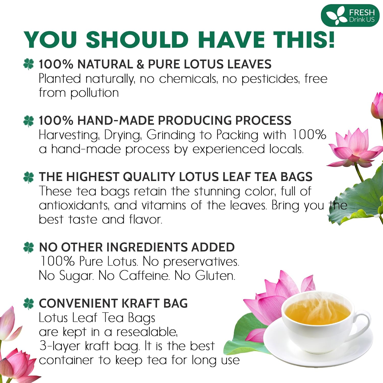 FreshDrinkUS, Premium 30 Lotus Leaf Tea Bags, 100% Natural & Pure from Lotus Leaves. Loose Leaf Lotus Herbal Tea. Made with Eco-Conscious Tea Bags. No Sugar, No Caffeine, No Gluten, Vegan.
