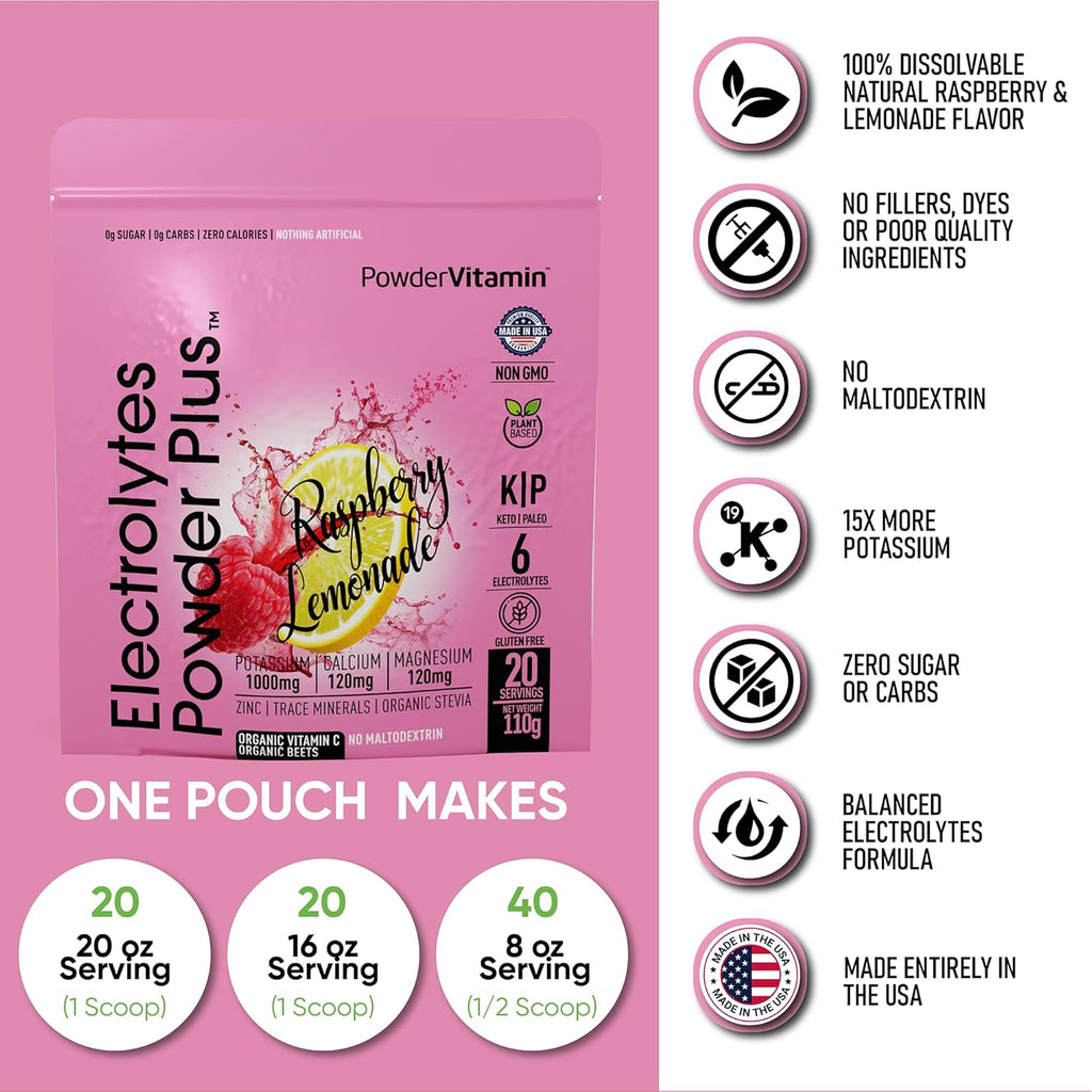 PowderVitamin Electrolytes Powder Plus (20 Servings) Raspberry Lemonade Electrolyte Powder Zero Calorie Keto,0 Sugar,No Maltodextrin,1000mg Potassium,120mg Calcium,120mg Magnesium, Pink Himalayan Salt