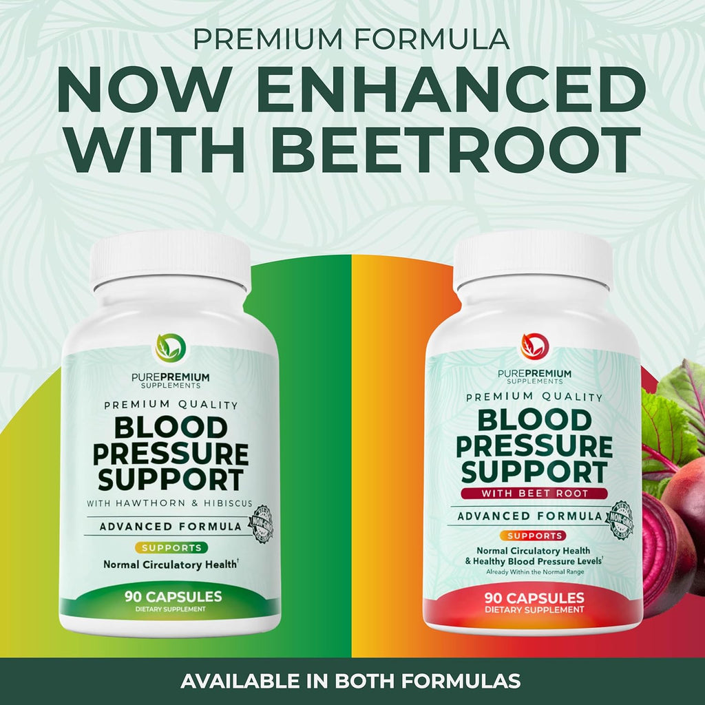 PurePremium Beet Root Capsules for Blood Pressure Support – 700mg Advanced Formula with Beetroot Powder, Hawthorn, Hibiscus & Garlic for Normal Nitric Oxide Production & Heart Health – Non-GMO - 90ct