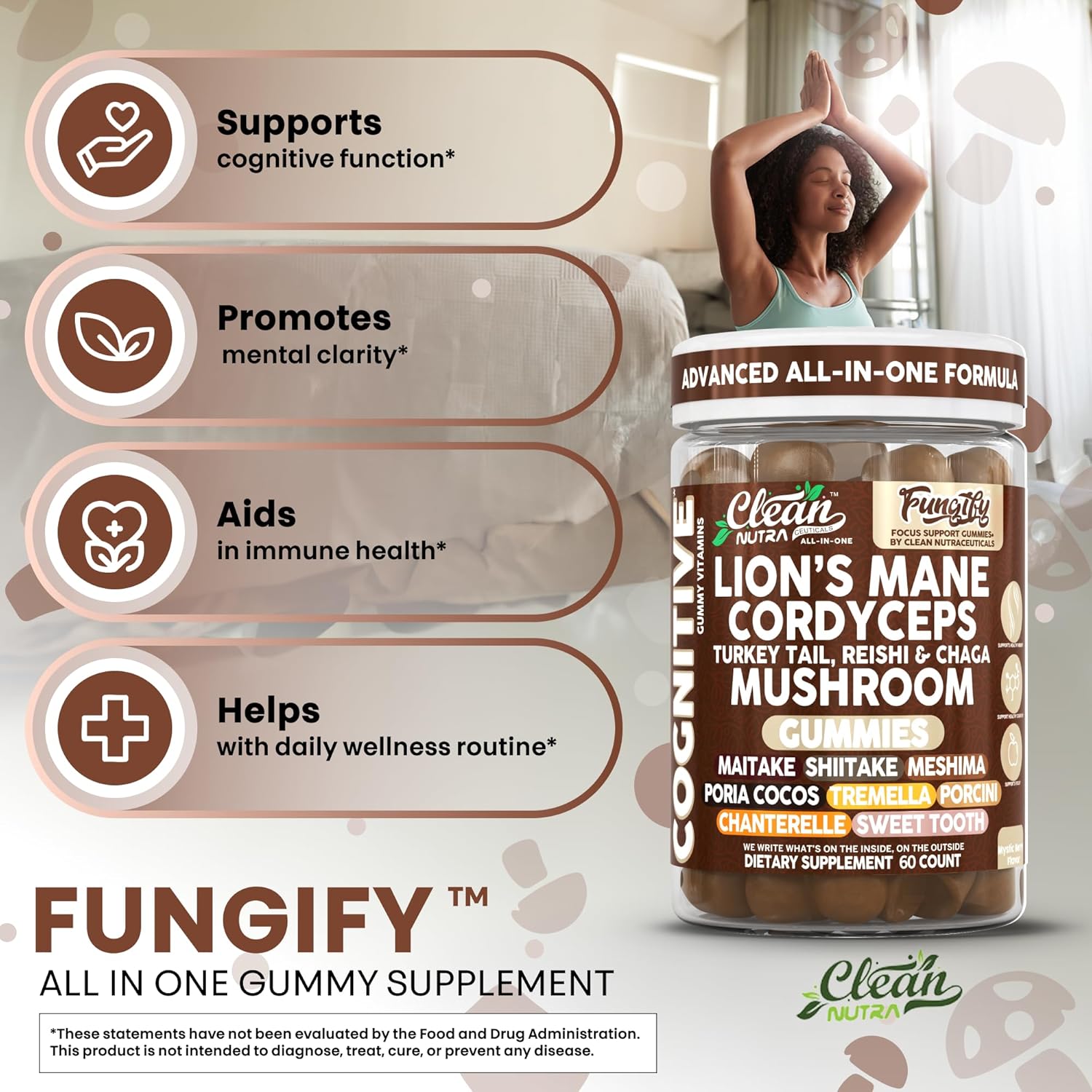 Clean Nutra Lions Mane Lion's Mane Mushroom Gummies Cordyceps Supplement for Memory and Focus Immune Support Vitamins Reishi Chaga Turkey Tail Mushrooms Gummy Shiitake Maitake Meshima Supplements